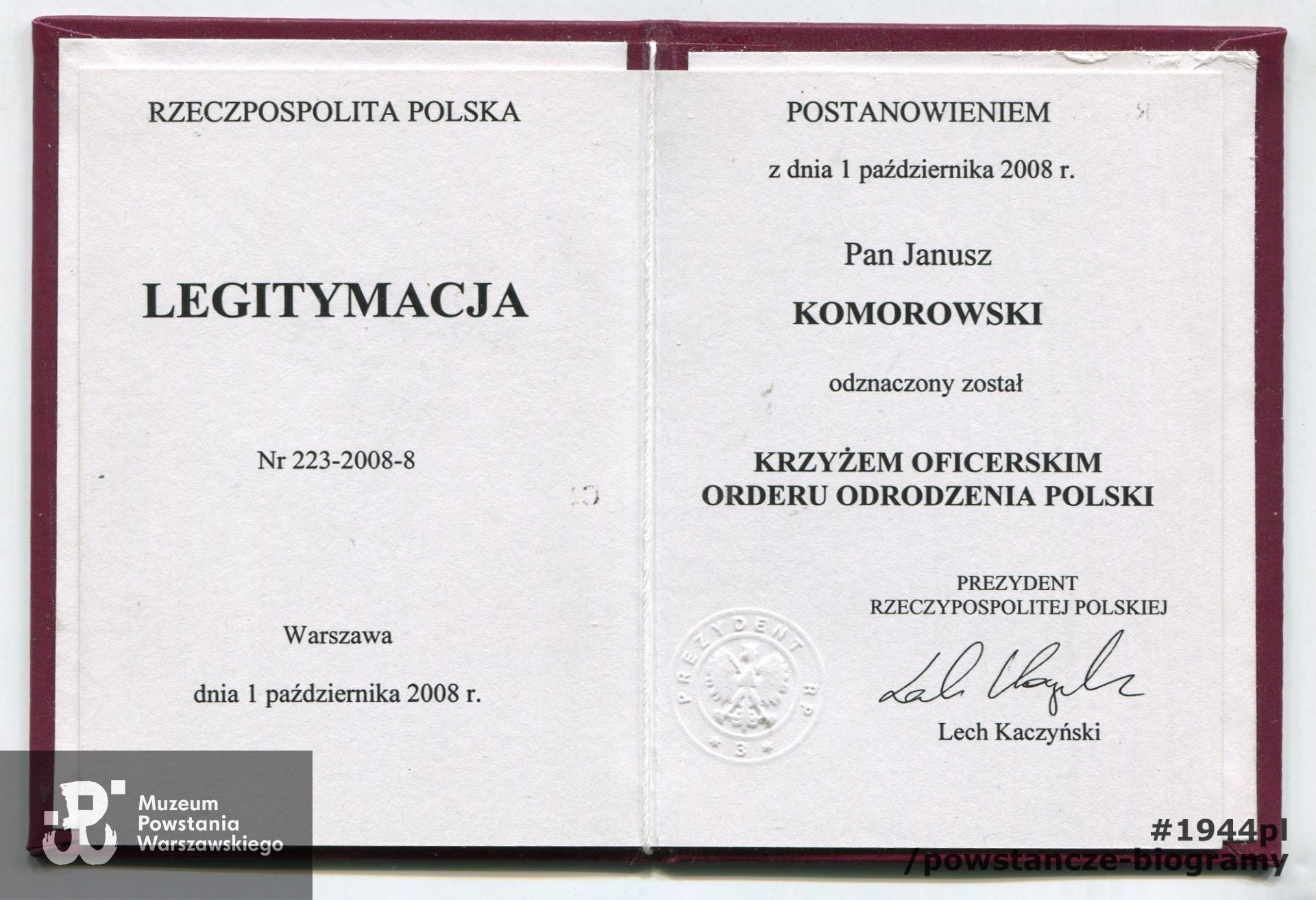 Legitymacja odznaczeniowa ze zbiorów p. Janusza Komorowskiego ps. „Antek”. Skan - materiały do Słownika Uczestników PW/Pokój Kombatanta MPW
