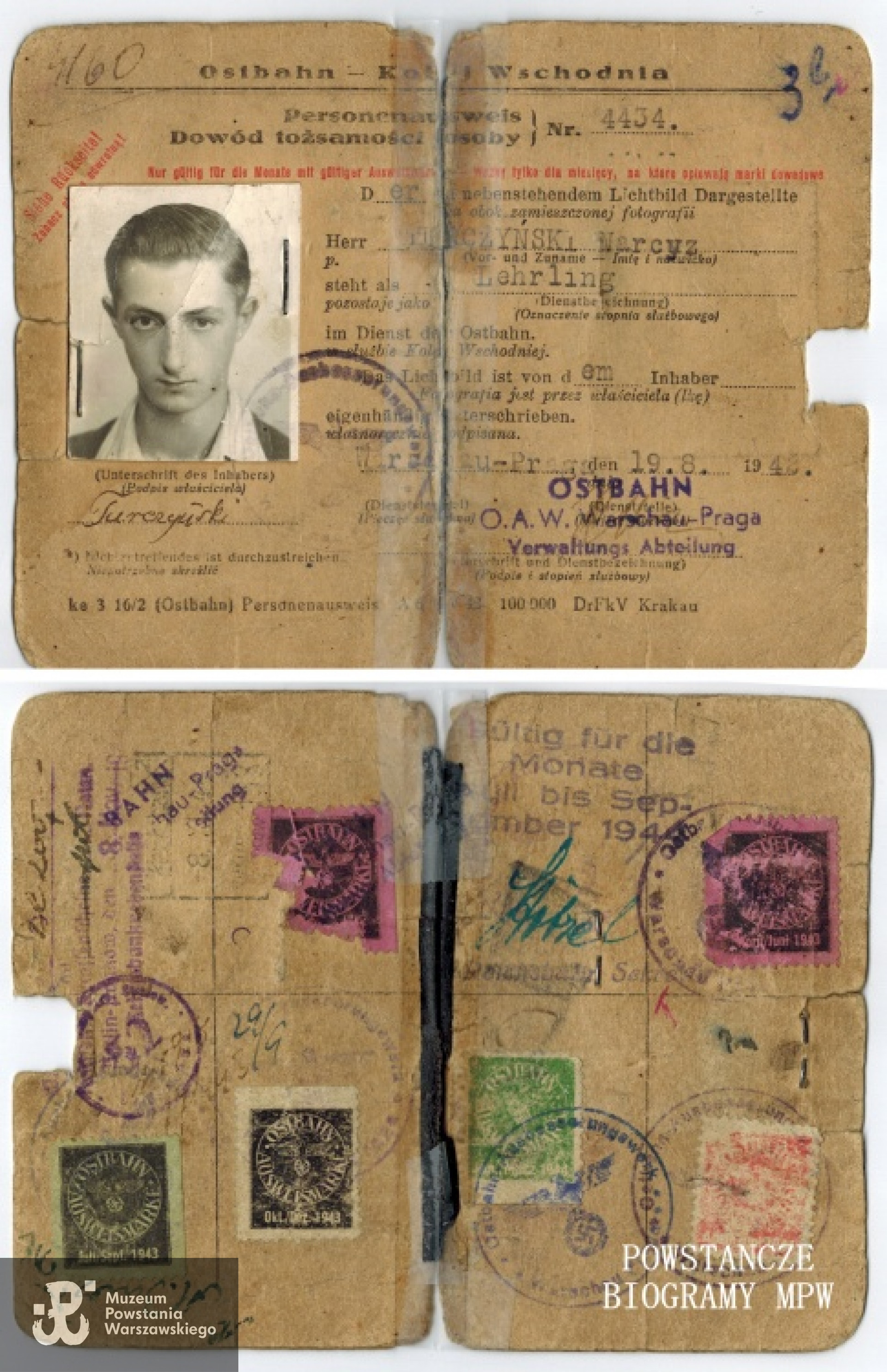 Ostbahn - Kolej Wschodnia -Personenausweis nr 4434 należący do Narcyza Turczyńskiego. Z archiwum rodzinnego Dariusza Bogdana Turczyńskiego.