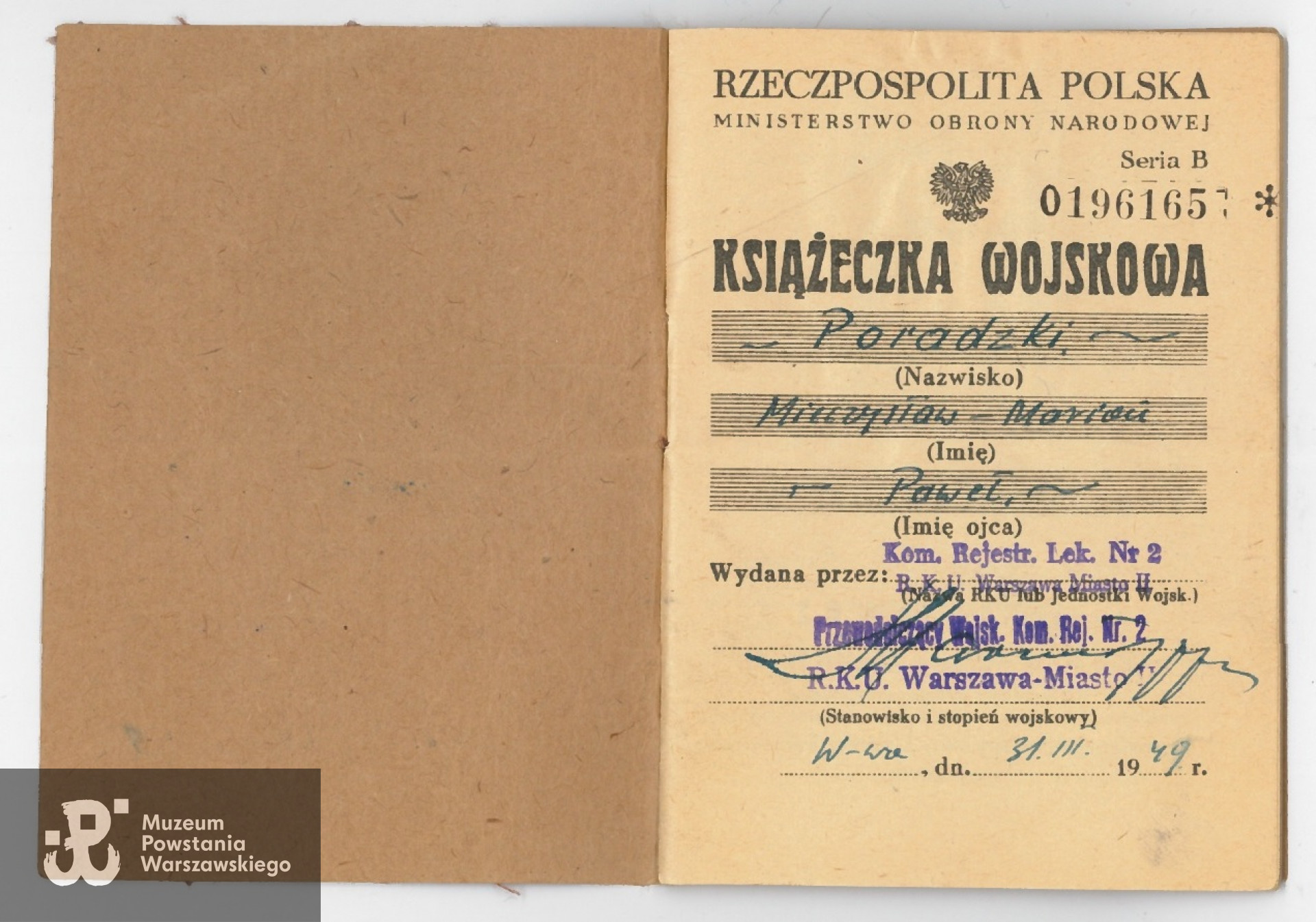 Książeczka wojskowa - 1949 rok. Z archiwum rodzinnego Andrzeja Poradzkiego