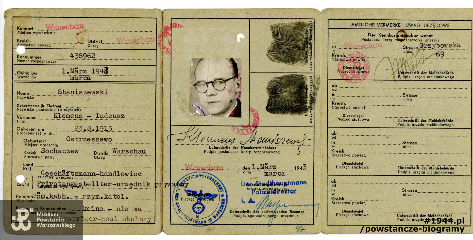 Kenkarta z okresu okupacji. Dokument wystawiony na fałszywe nazwisko (konspiracyjne)  - Klemens  Staniszewski. Ze zbiorów Muzeum Powstania Warszawskiego, sygn. P/7926/14