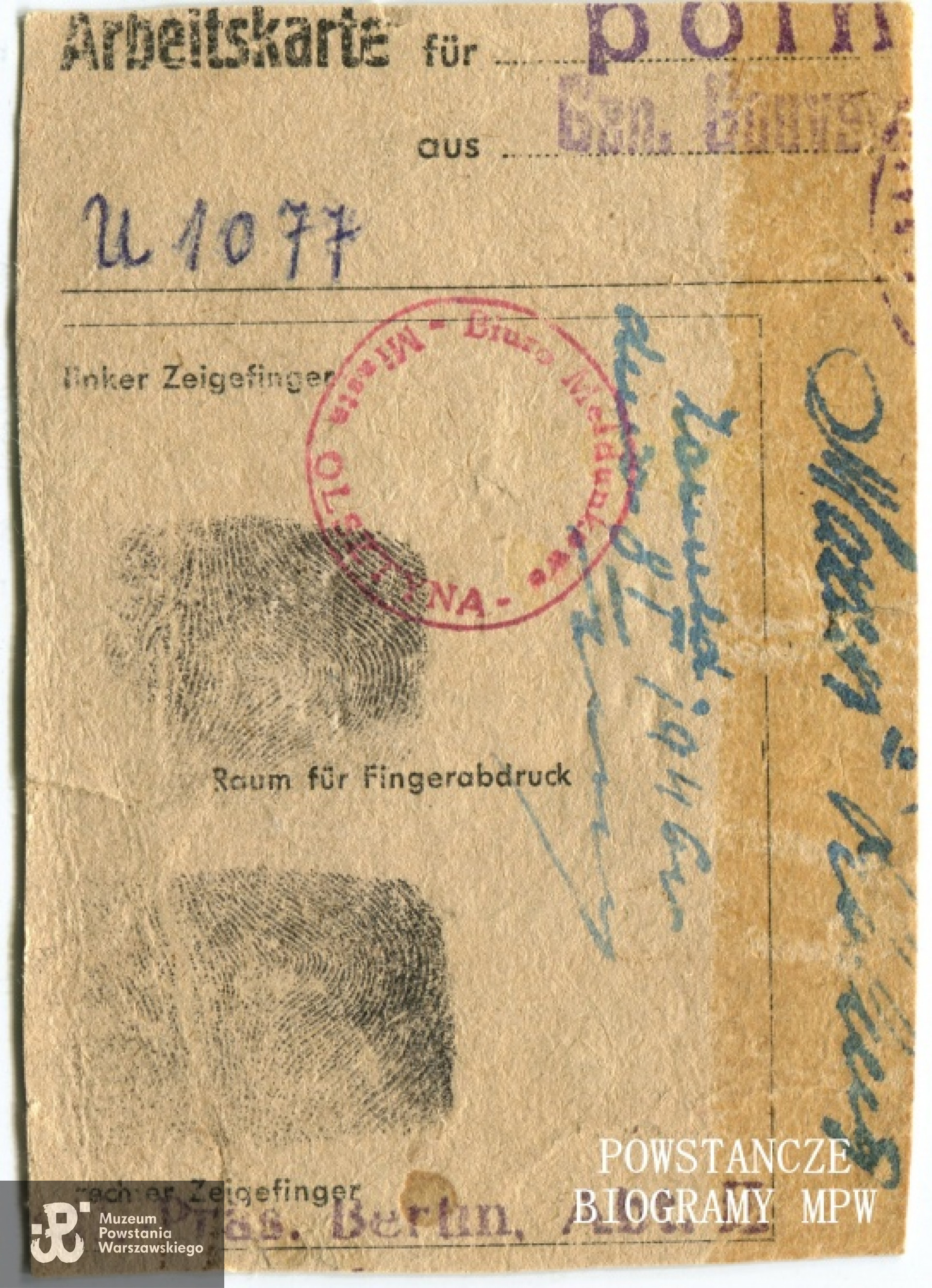 Należąca do Haliny Mazur karta pracy - tzw. Arbeitskarte, wydawana Polakom w Generalnym Gubernatorstwie. Fot. archiwum rodzinne