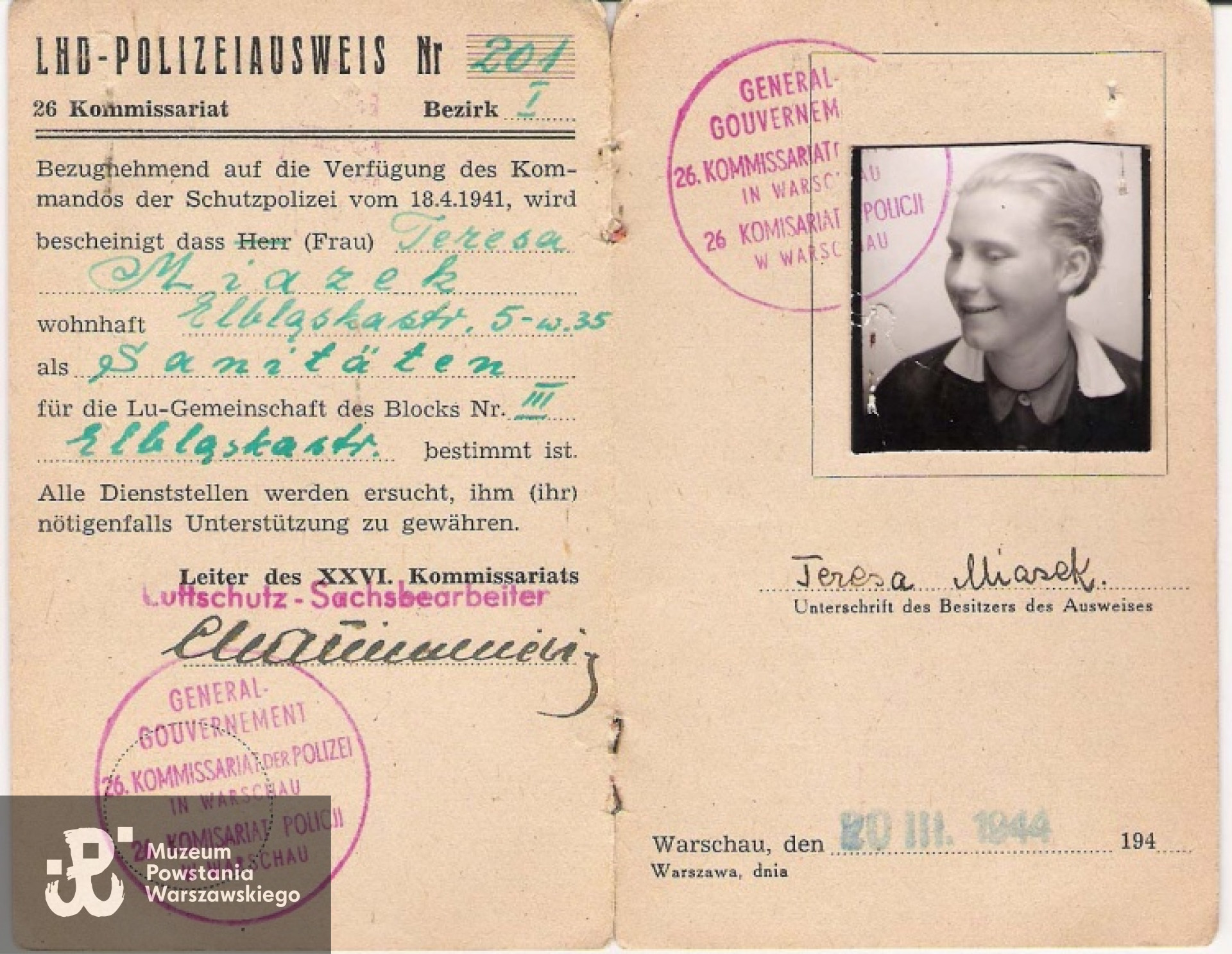 Legitymacja LHD (Lufthilfsdienst – Pomocnicza Służba Przeciwlotnicza) wystawiona przez XXVI komisariat policji na Żoliborzu