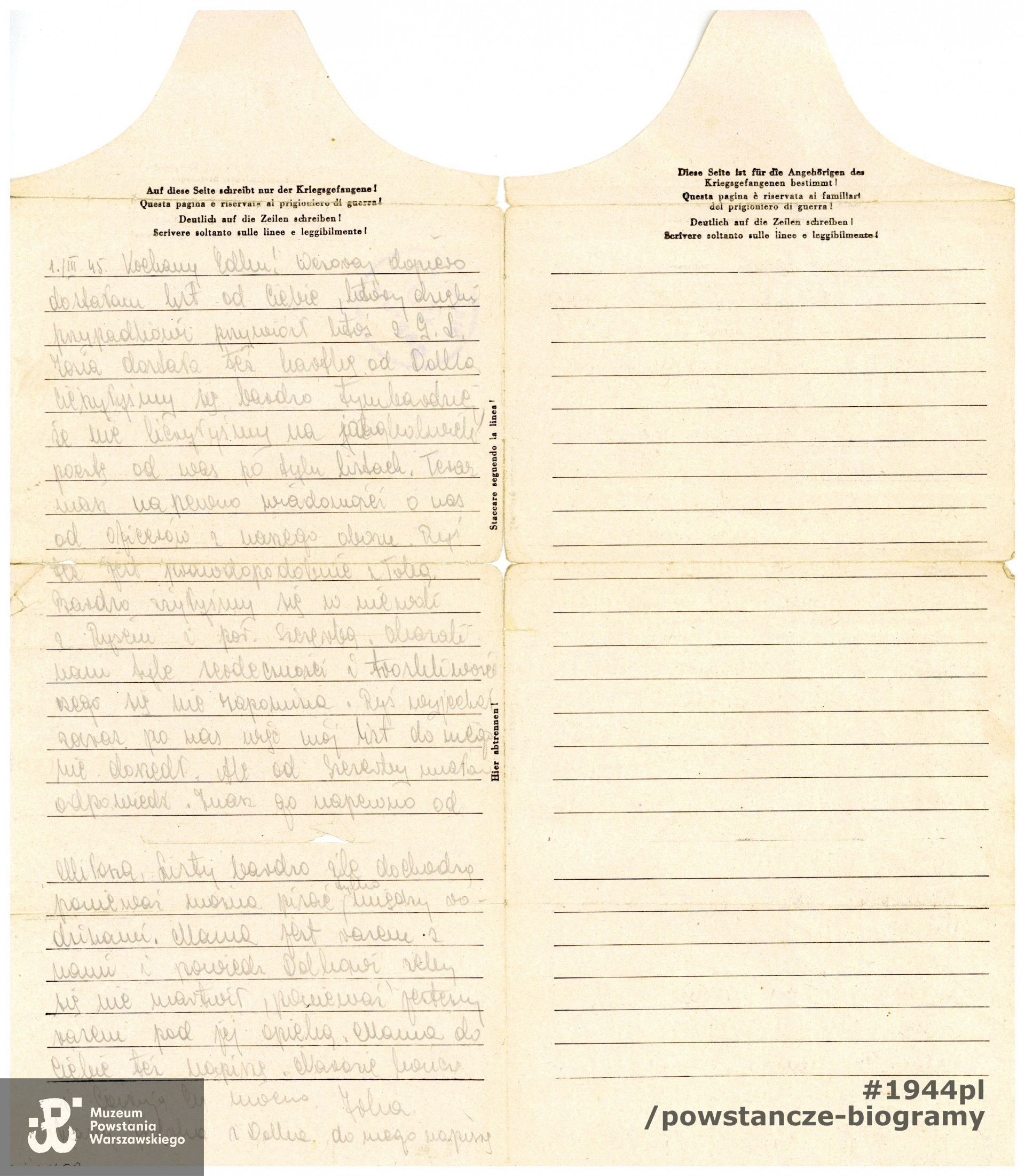 Listy obozowe  Ireny do por. por. Edwarda Ładkowskiego "Kulawego". Ze zbiorów Muzeum Powstania Warszawskiego