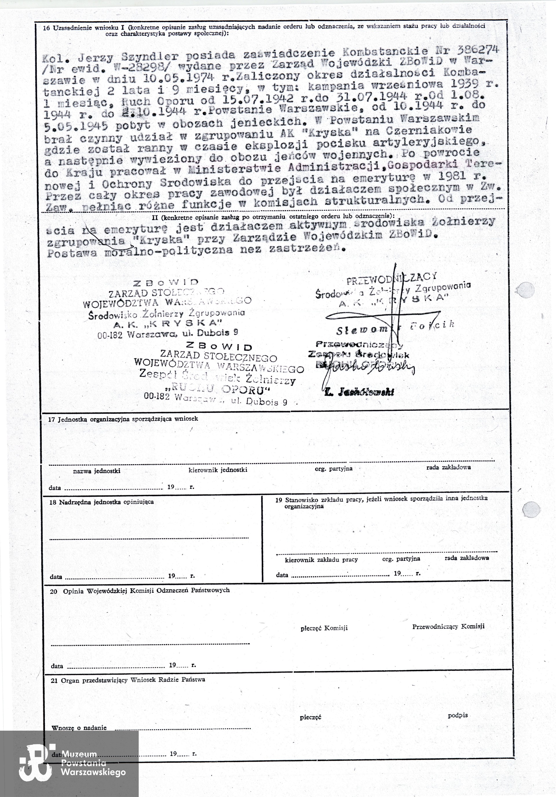 Muzeum Powstania Warszawskiego, Teczki personalne uczestników Powstania Warszawskiego: Szyndler  Jerzy Zbigniew