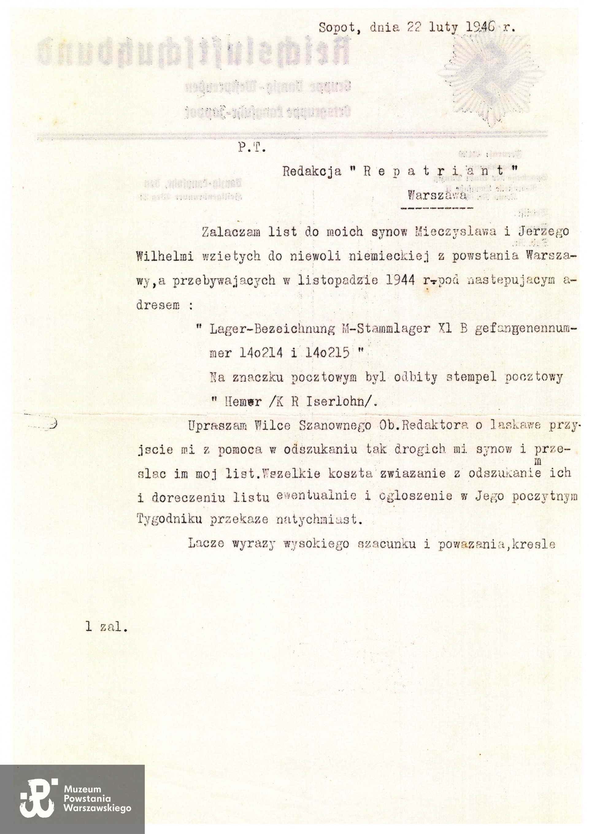 List Eugeniusza Wilhelmiego do redakcji "Repatrianta" pisany 22 lutego 1946 roku z Sopotu w sprawie poszukiwań przebywających  w listopadzie 1944 roku w obozie jenieckim synów Jerzego i Mieczysława. Skan z kserokopii,  Muzeum Powstania Warszawskiego, Teczki personalne uczestników Powstania Warszawskiego: Wilhelmi Jerzy. 