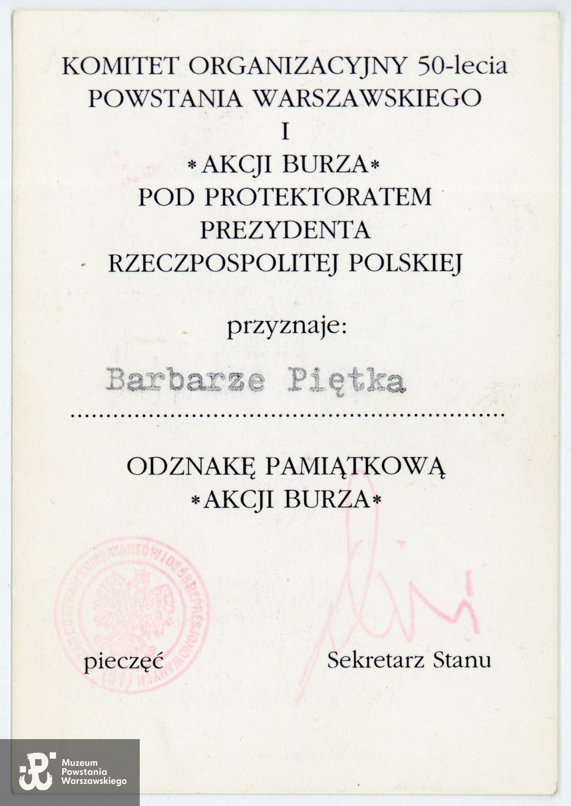 Dokument ze zbiorów rodzinnych p. Barbary Piętki