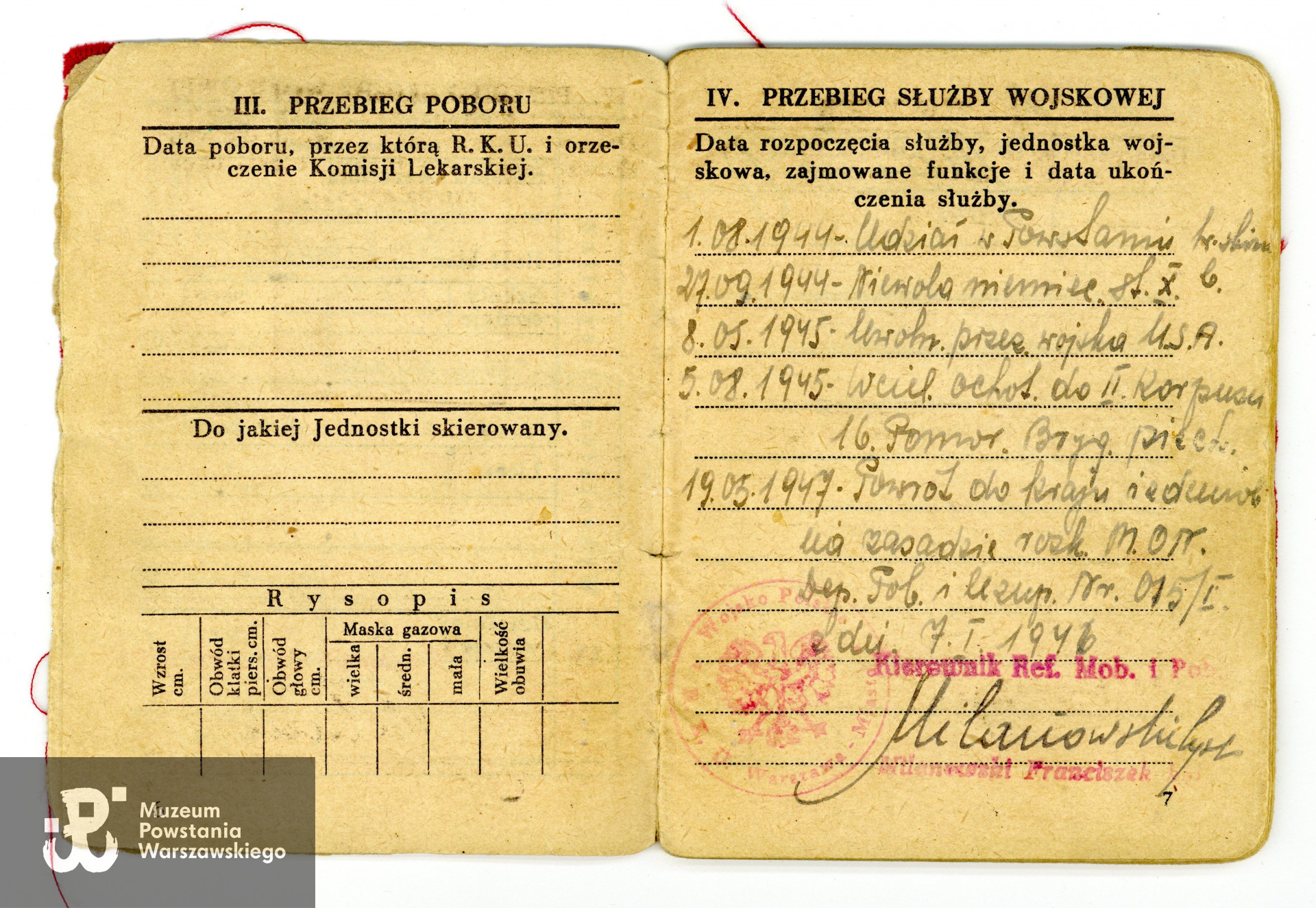 Książeczka wojskowa Zdzisława Powsińskiego, 1947 rok.  Ze zbiorów Muzeum Powstania Warszawskiego, sygn. P/9405/20