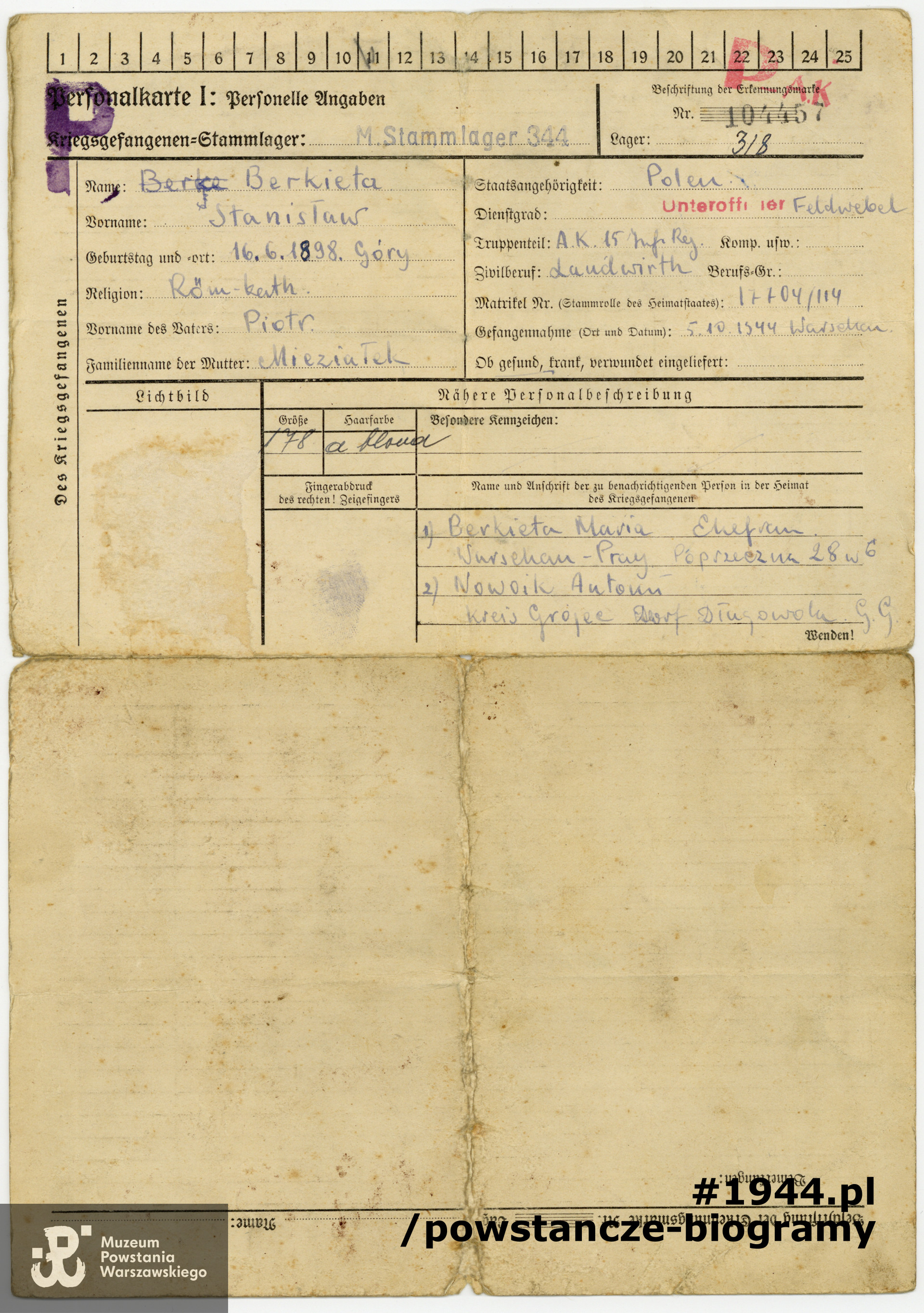 Karta personalna jeńca [niem. Personalkarte]. Ze zbiorów Muzeum Powstania Warszawskiego, sygn. P/4381, przekazał p. Adam Berkieta
