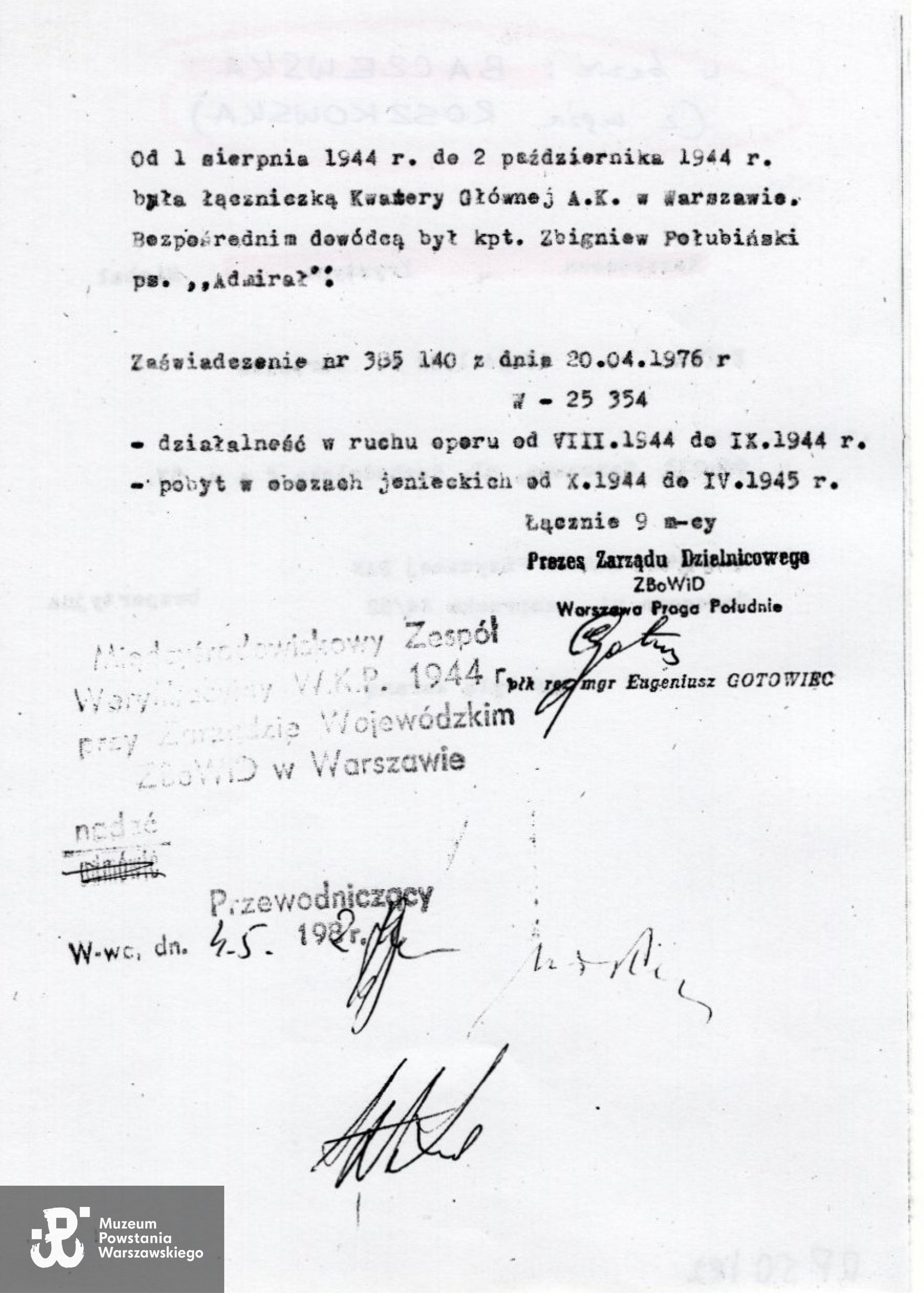 Muzeum Powstania Warszawskiego,  Teczki personalne uczestników Powstania Warszawskiego: Baczewska Krystyna