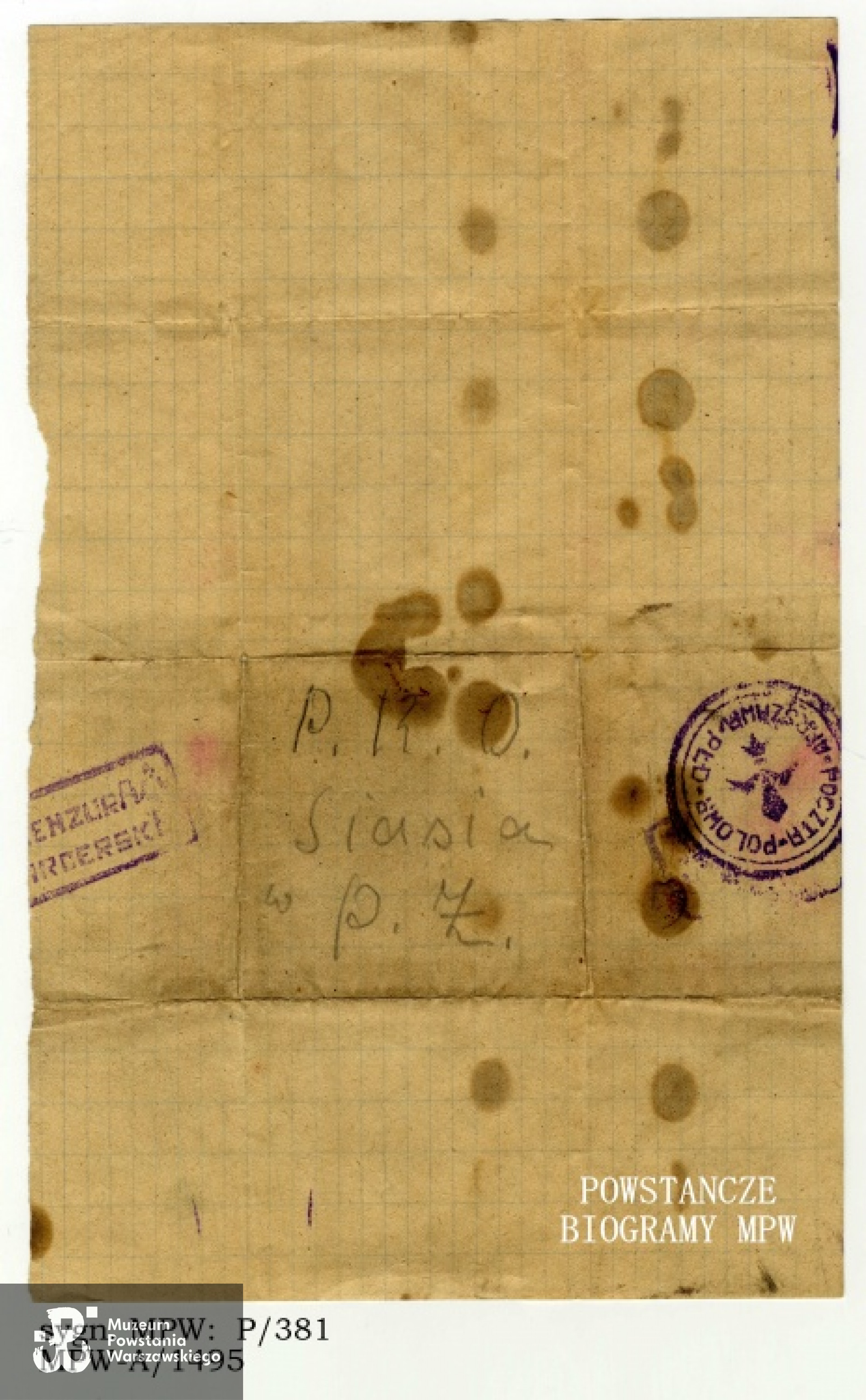 List z Harcerskiej Poczty Polowej zaadresowany do "Siasi" (Stanisławy Marx - Biłobran). Papier, ołówek, tusz, widoczne stemple: "Poczta Polowa Warszawa Płd." oraz "Cenzura Harcerska". Ze zbiorów Muzeum Powstania Warszawskiego, dar Stanisławy Biłobran ps. "Siasia"