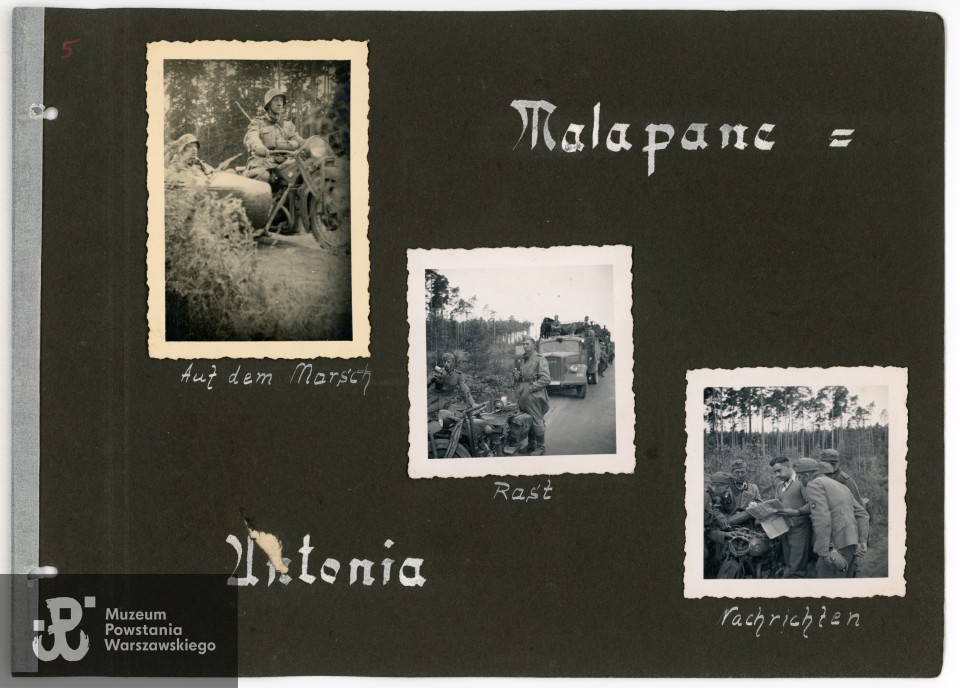 Opis karty: Malapane (rzeka Mała Panew) = Antonia (Antoniów). Auf dem Marsch (w drodze). Rast (odpoczynek). Vachrichten ( czytanie widomości)