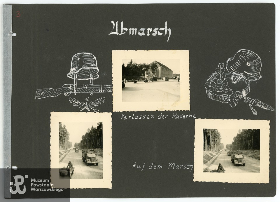 Opis karty: Ubmarsch (Wymarsz). Verlassen der Kaserne (Opuszczenie koszar). Auf dem Marsch (W drodze).