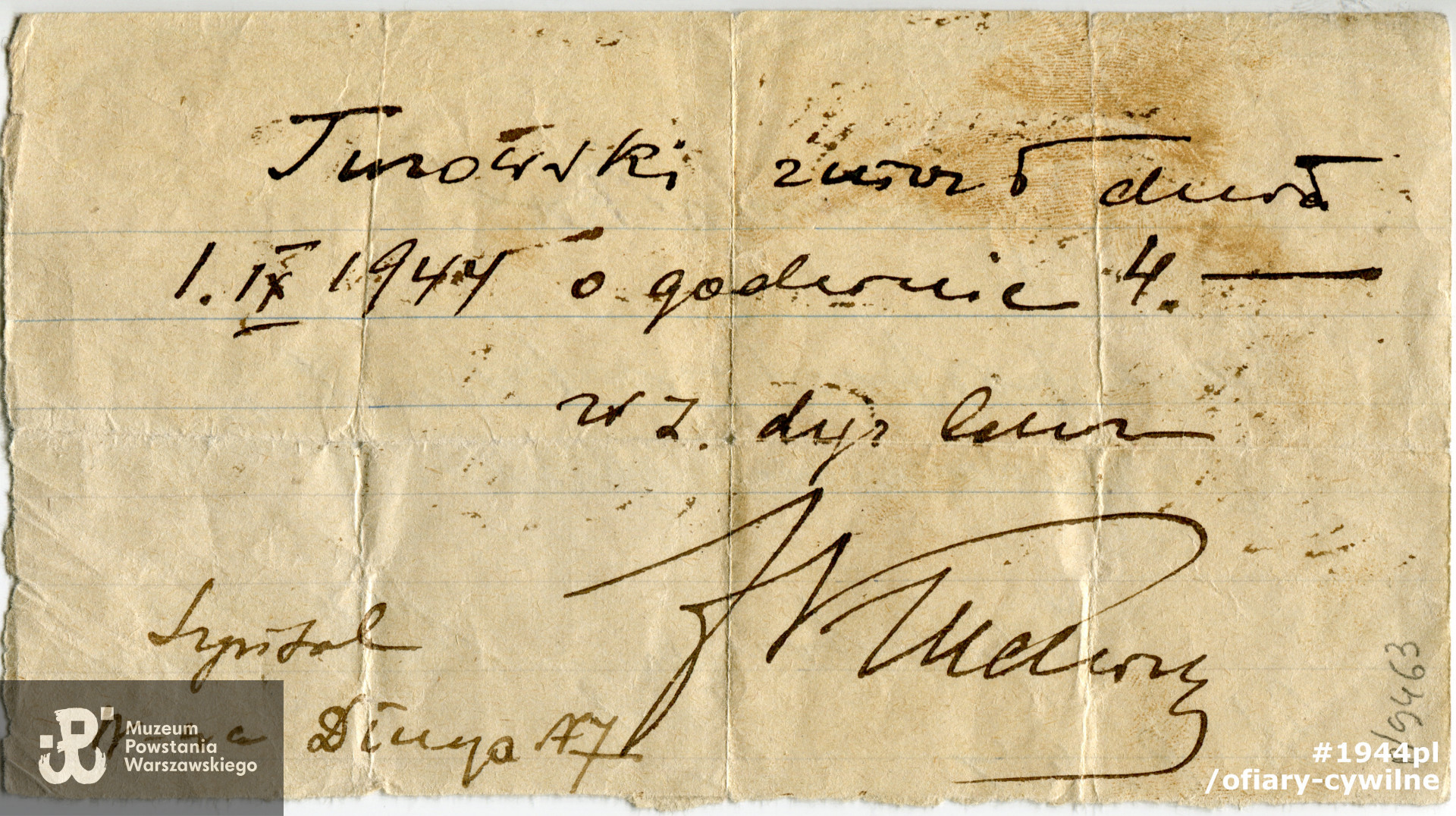 Druga strona zaświadczenie z informacją o śmierci Jerzego Turowskiego 1 września 1944 r. o g. 4 , zbiory Muzeum Powstania Warszawskiego nr akcesji P/9463 dar syna Pana Andrzeja Turowskiego