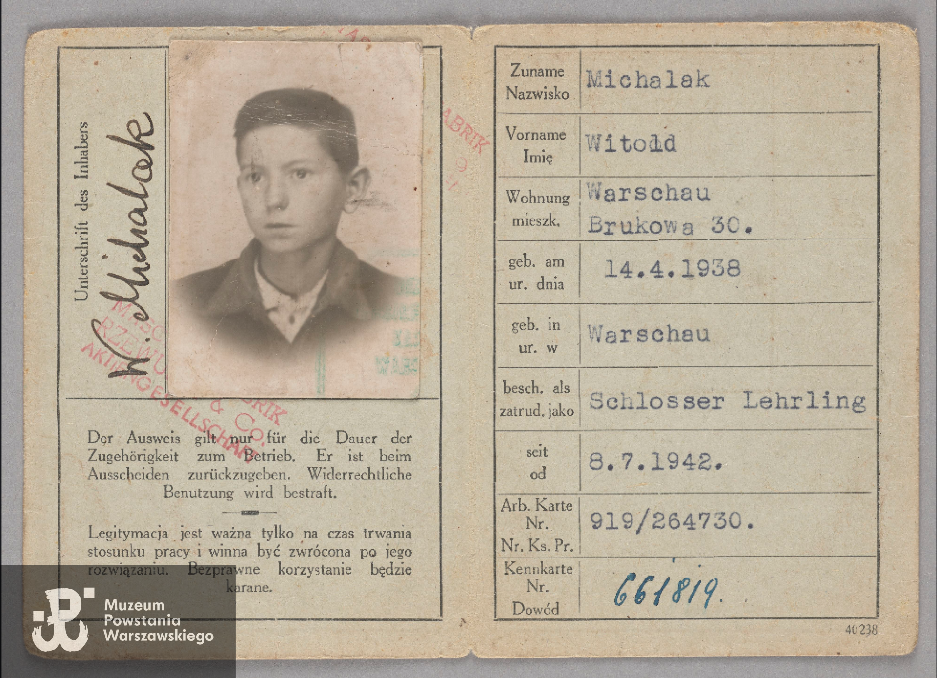 Legitymacja pracownicza (Betriebs-Ausweis) Witolda Michalaka, zbiory Muzeum Warszawy nr inwentarzowy MHW A/I/3934