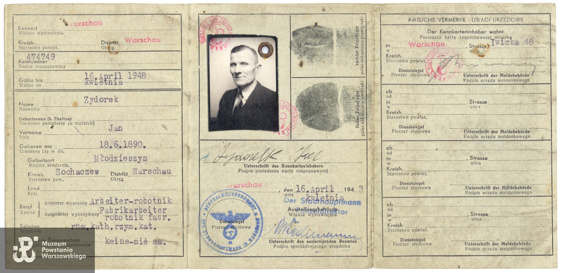 Okupacyjna kenkarta należąca do Jana Zydorka, zbiory Muzeum Powstania Warszawskiego syg. MPW-A/12190