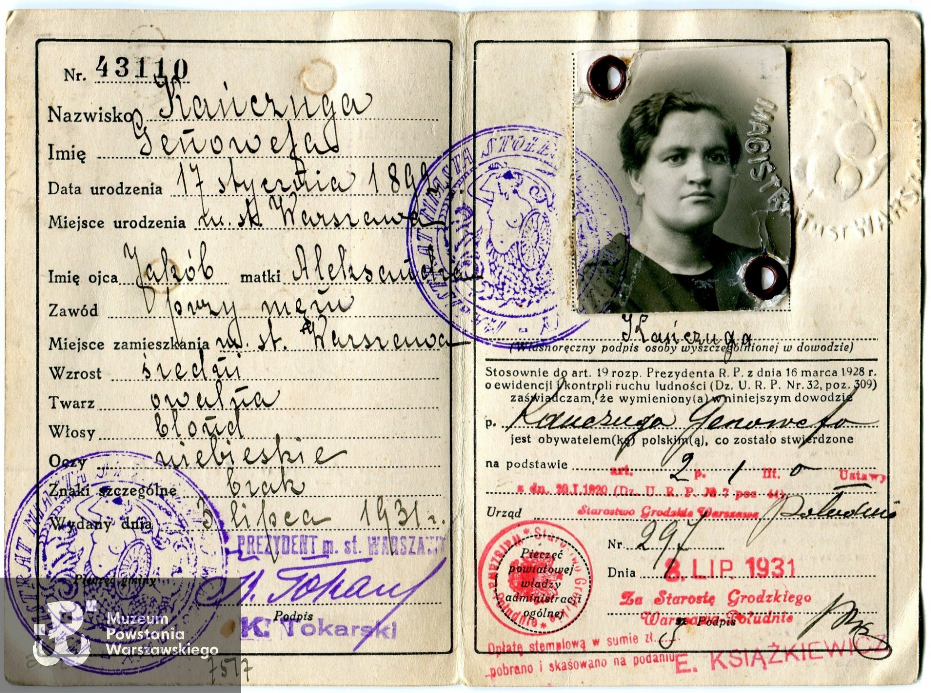 Przedwojenny dowód osobisty należacy do Genowefy Kańczugi