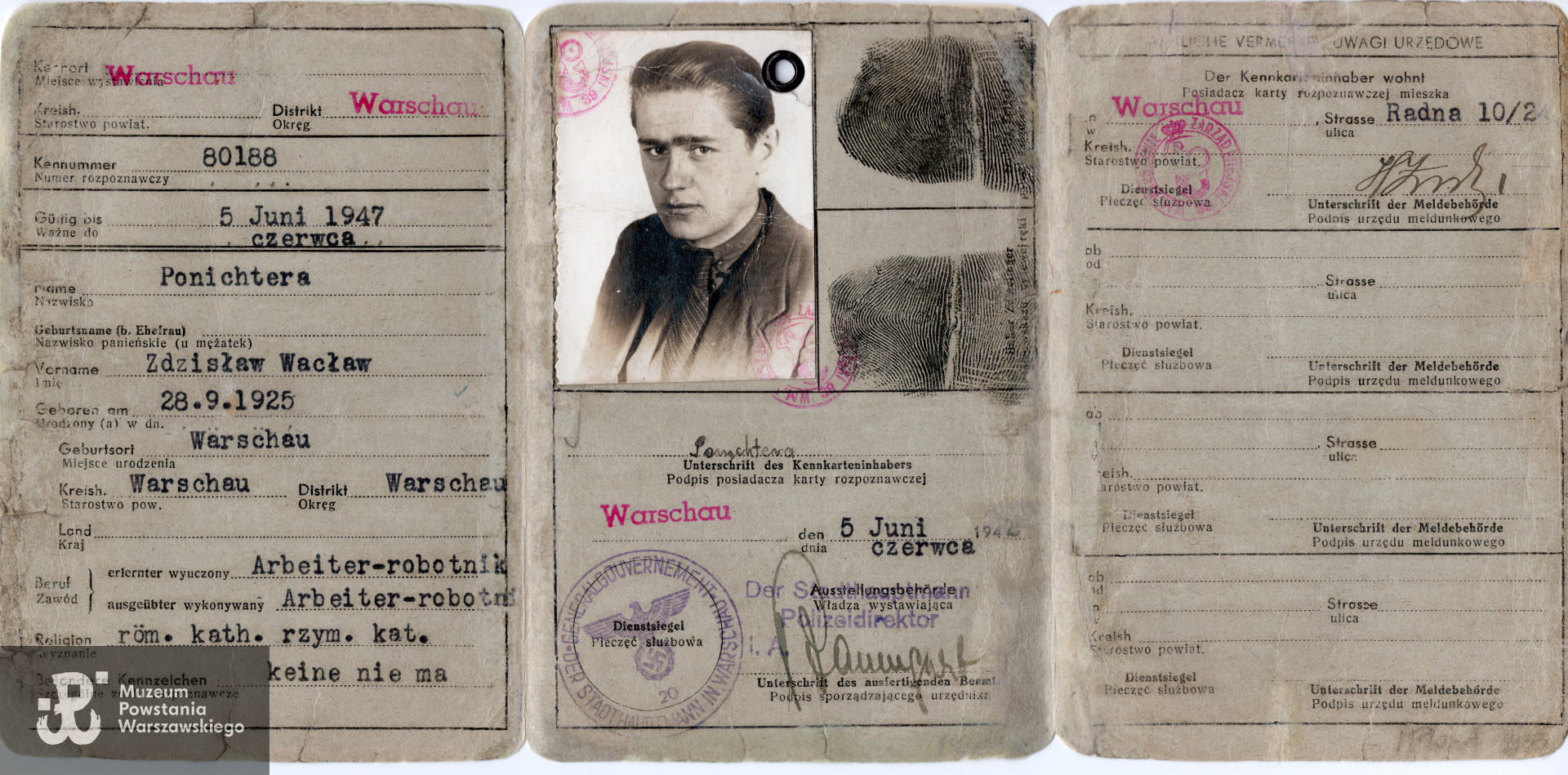 Okupacyjna kenkarta Zdzisława Ponichtery, zbiory Muzeum Powstania Warszawskiego, syg. MPW-A-3439