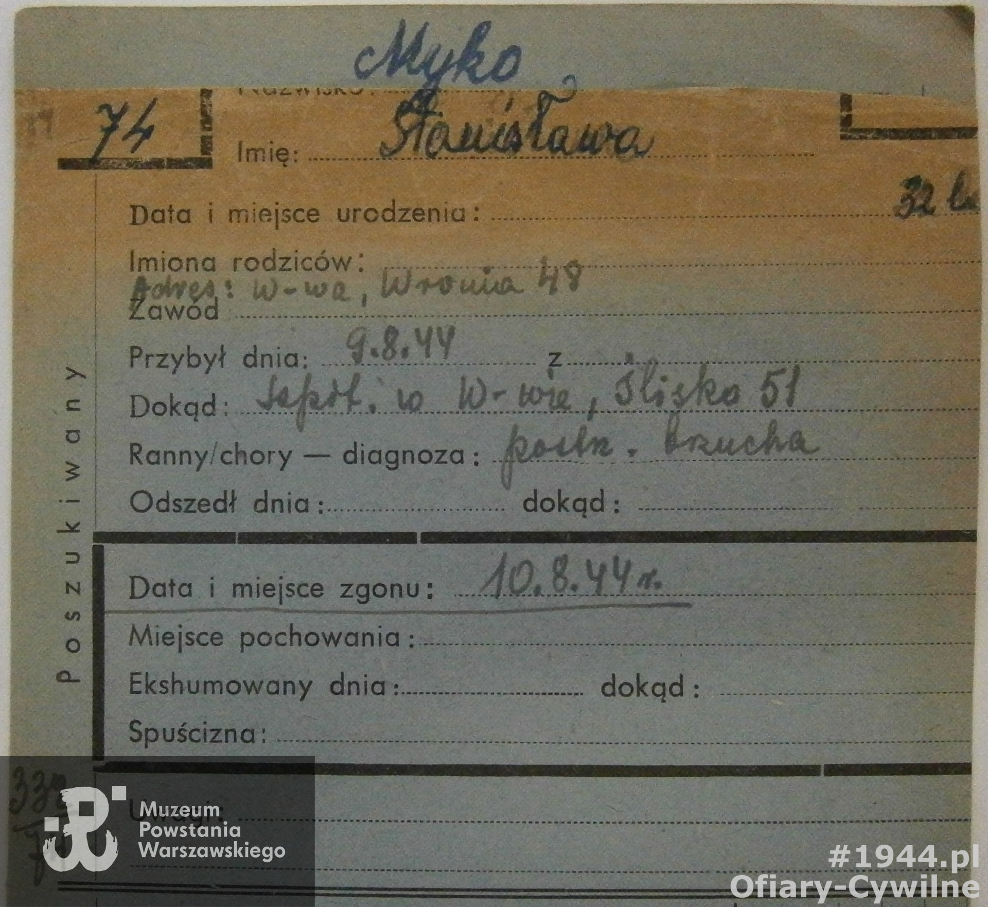 Karta PCK sporządzona na podstawie księgi szpitala polowego przy ul. Śliskiej 51. Tu jako datę śmierci podano 10 sierpnia 1944 r., ze zbiorów Krajowego Biura Informacji i Poszukiwań PCK