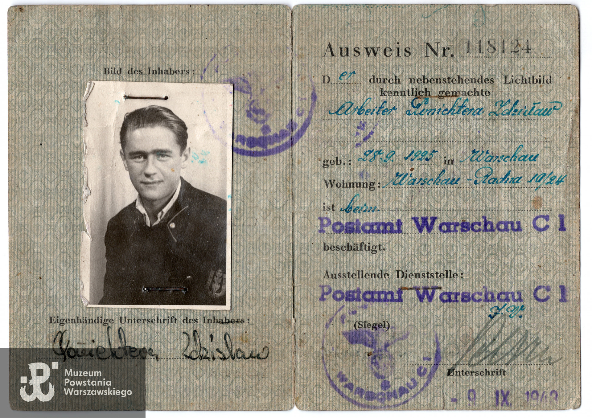 Okupacyjny auswais Zdzisława Ponichtery (awers), zbiory Muzeum Powstania Warszawskiego, syg. MPW-A-3440