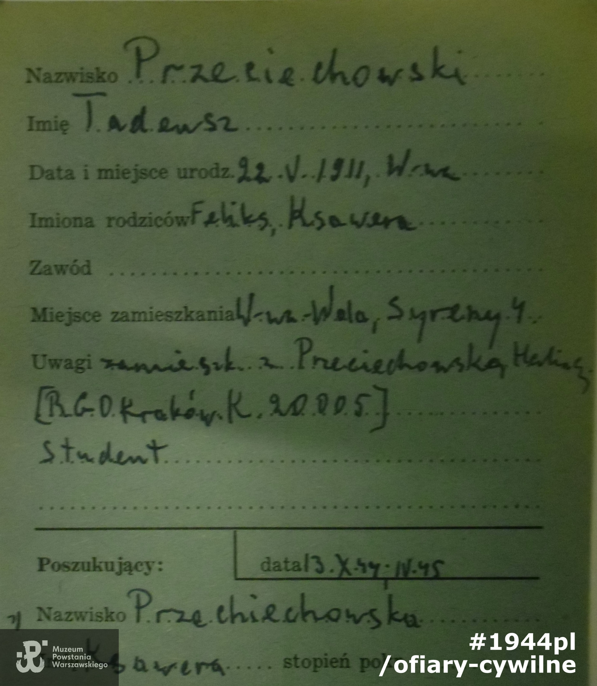 Karta z poszukiwań  Tadeusza przez matkę Ksawerę, ze zbiorów Krajowego Biura Informacji i Poszukiwań PCK