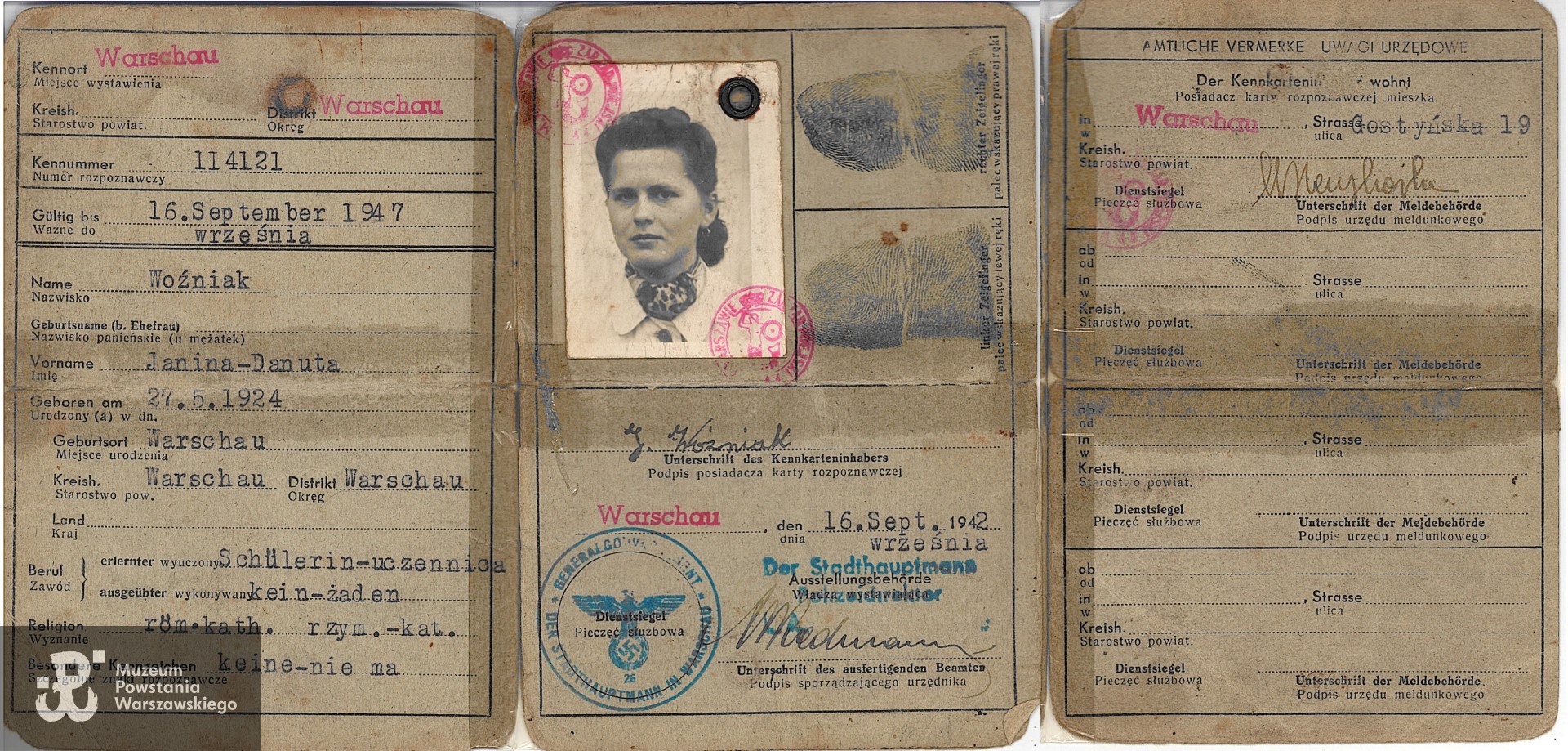 Kenkarta Janiny Danuty Nowińskiej tu jeszcze pod panieńskim nazwiskiem Woźniak, udostępniona przez p. Izabellę Grotowicz