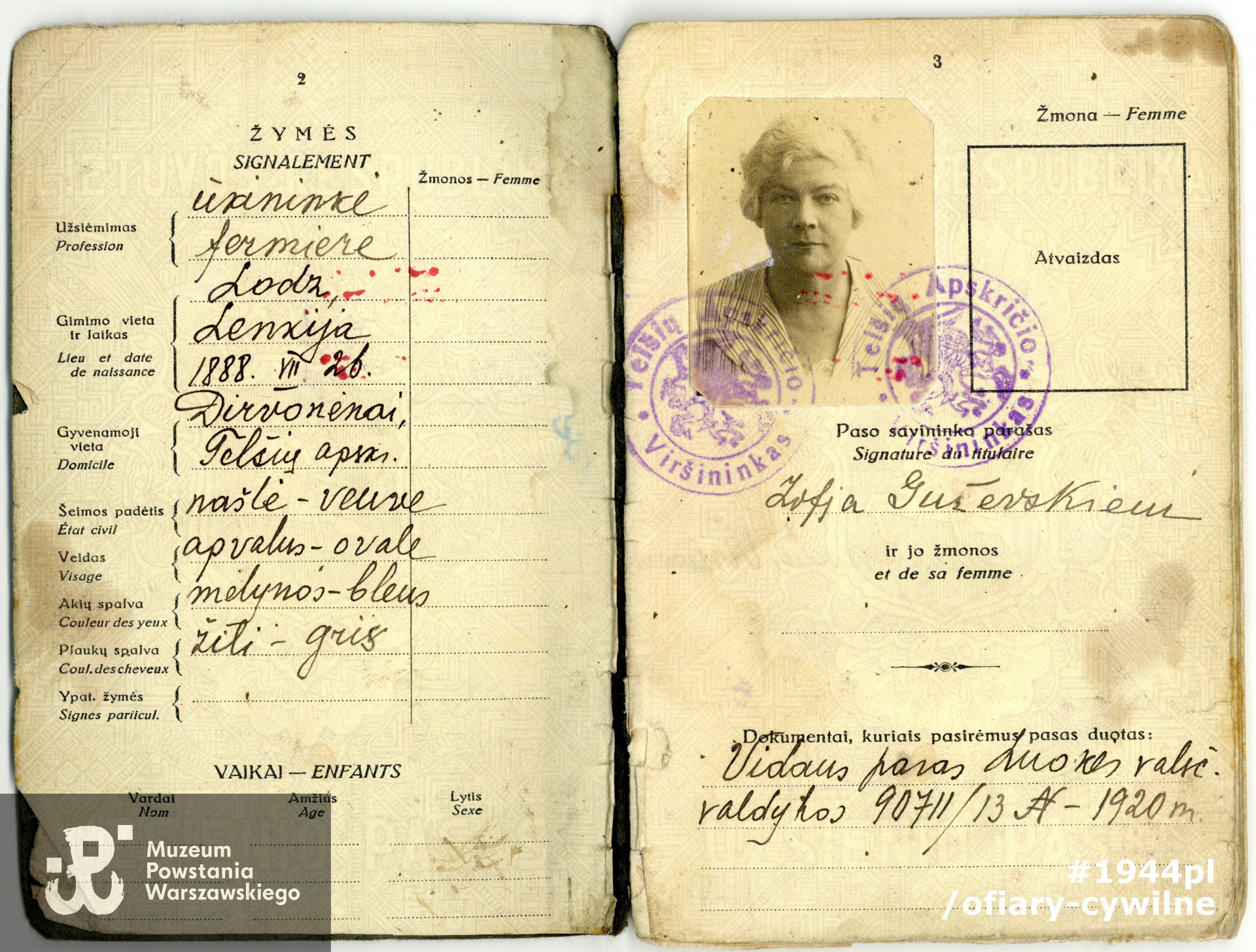 Paszport Republiki Litewskiej Zofii Gużewskiej s. 2, zbiory rodzinne