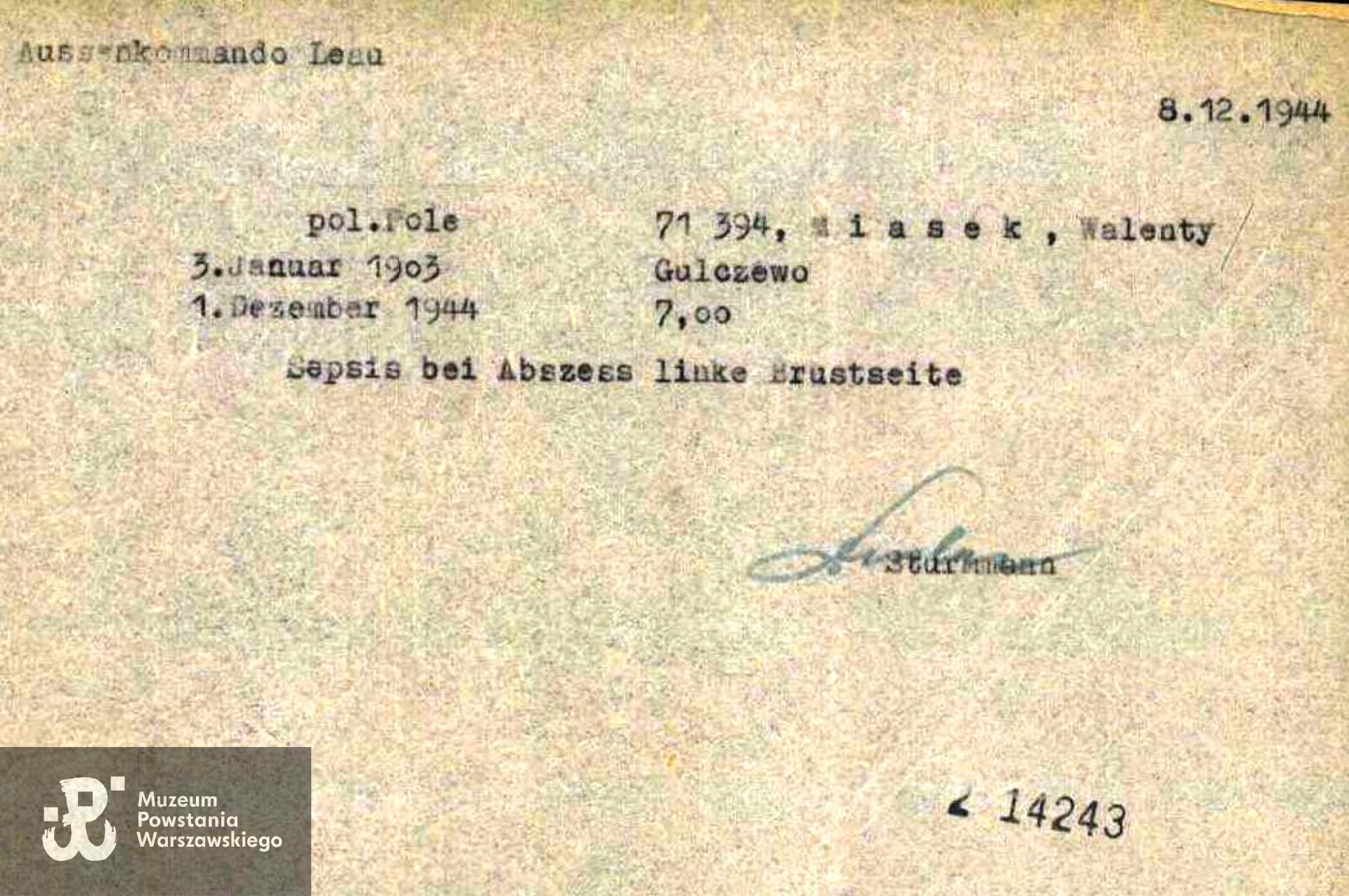 Akt zgonu sporządzony w obozie koncentracyjnym Buchenwald komando w Leau, udostępnił Pan Grzegorz Chabowski