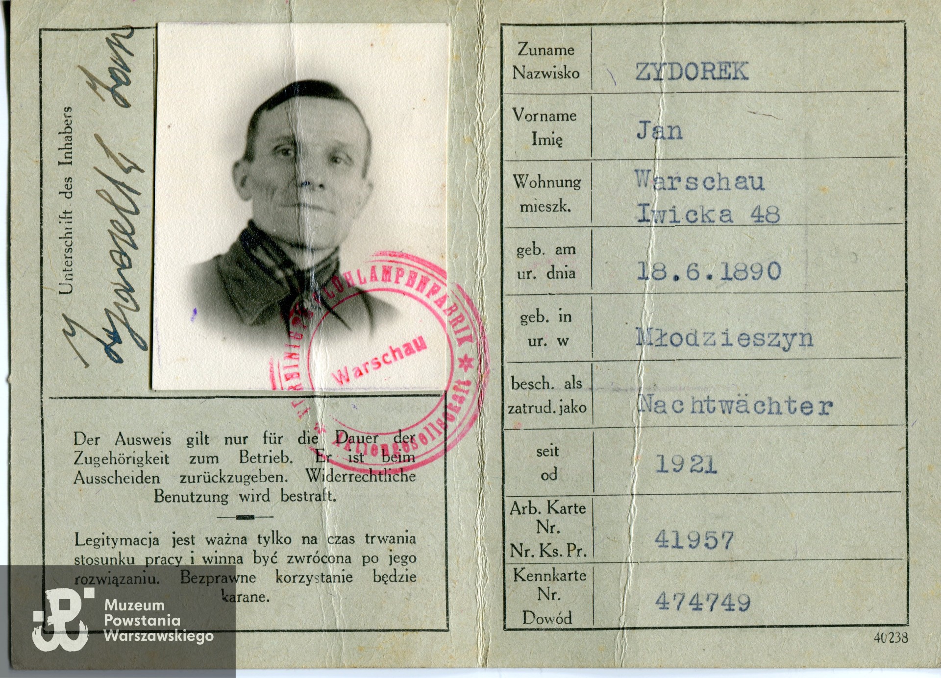 Legitymacja pracownicza, wystawiona dla Jana Zydorka (awers), zbiory Muzeum Powstania Warszawskiego syg. MPW-A/12188