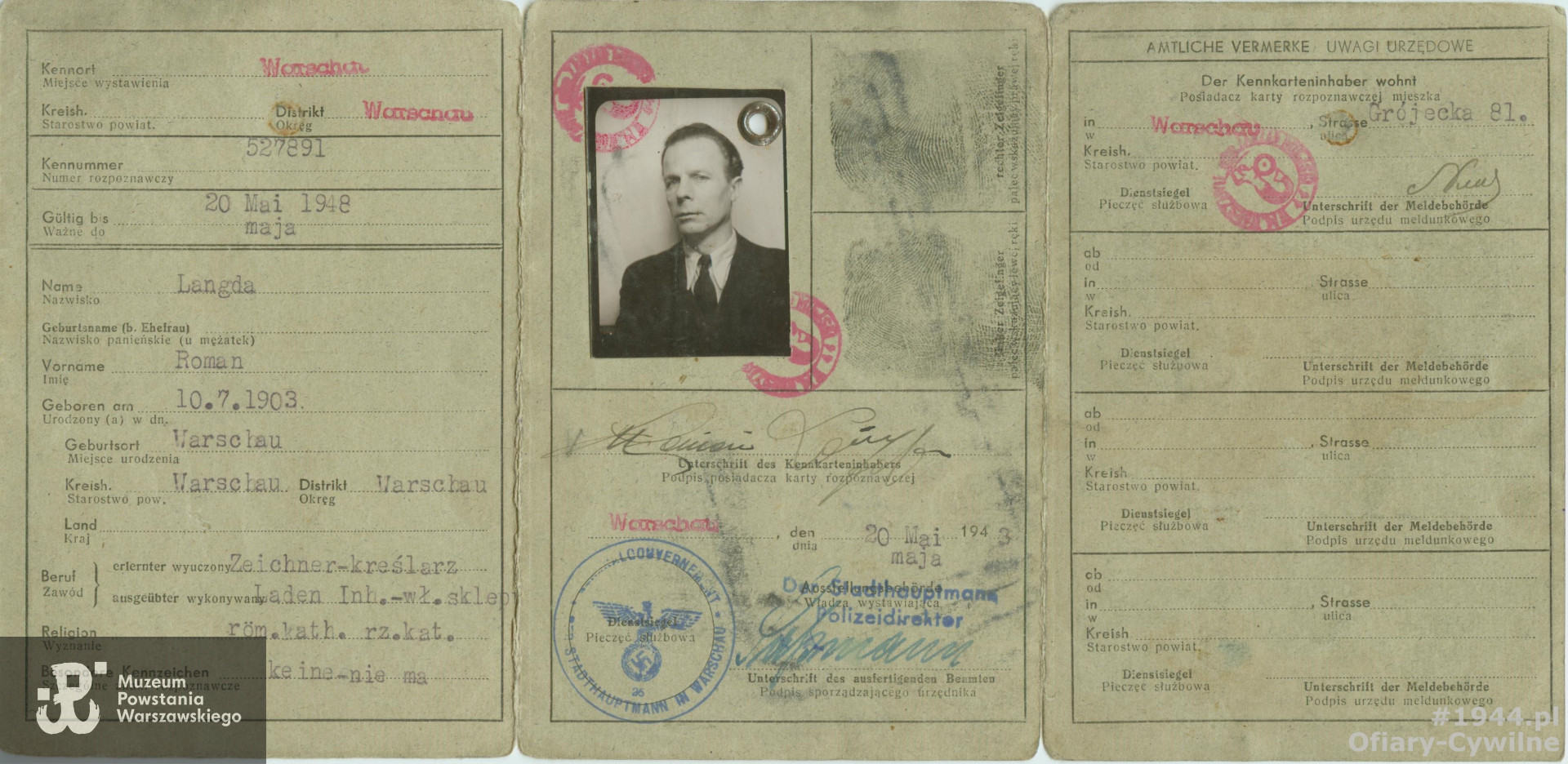 Okupacyjna kenkarta należąca do Romana Langda, udostępniona przez syna p. Eugenisza Langda