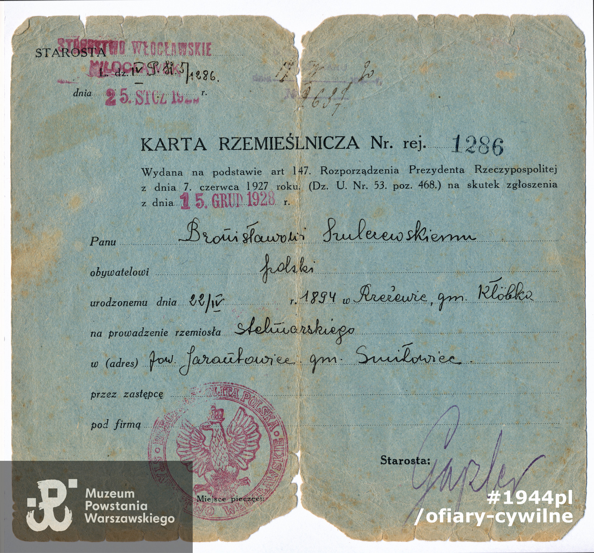 dokument ze zbiorów rodzinnych udostępniła córka Pani Janina Szulczewska