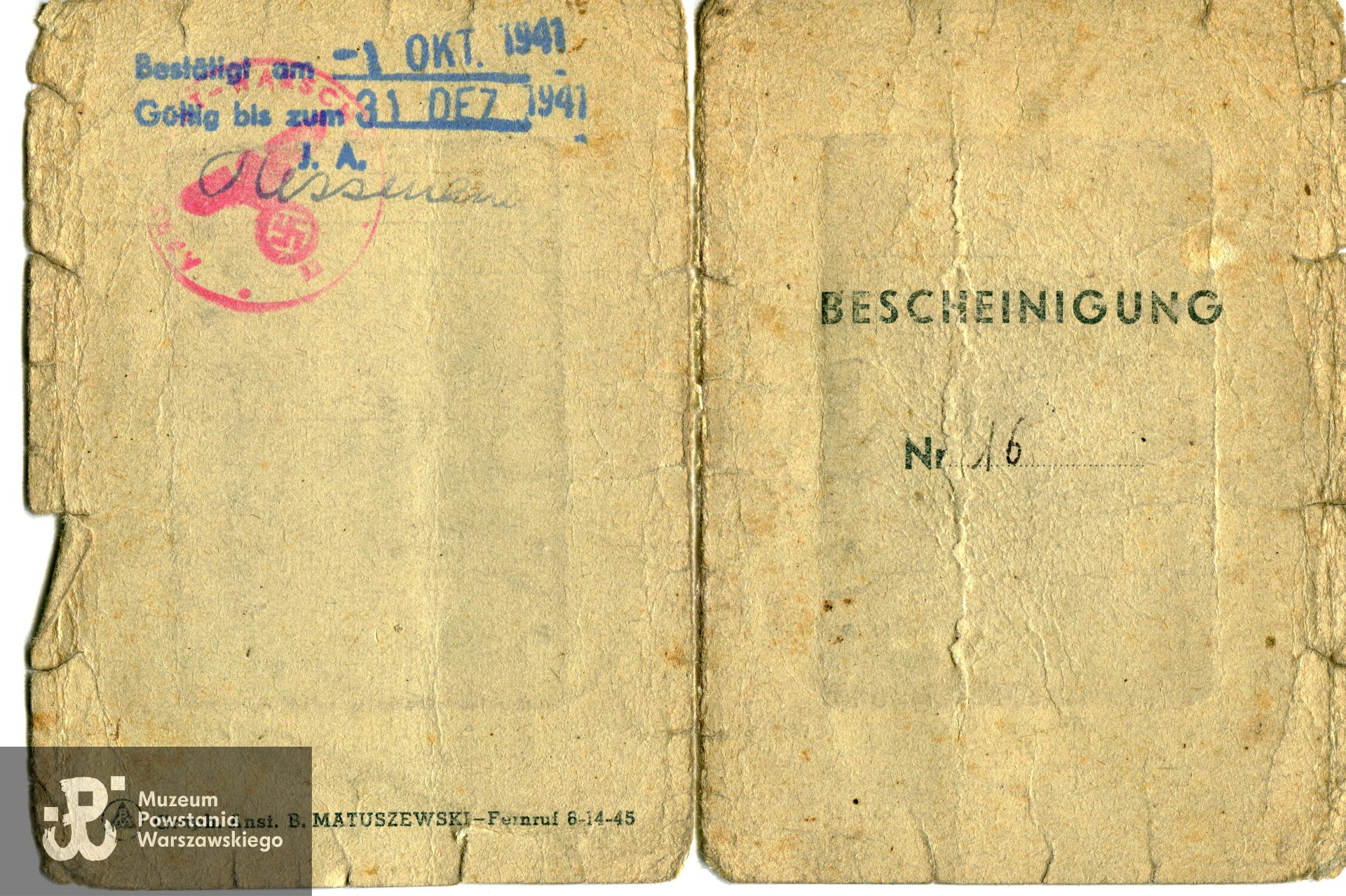 Zaświadczenie o zatrudnieniu, wystawione dla Jana Zydorka (rewers), zbiory Muzeum Powstania Warszawskiego, syg. MPW-A/12187