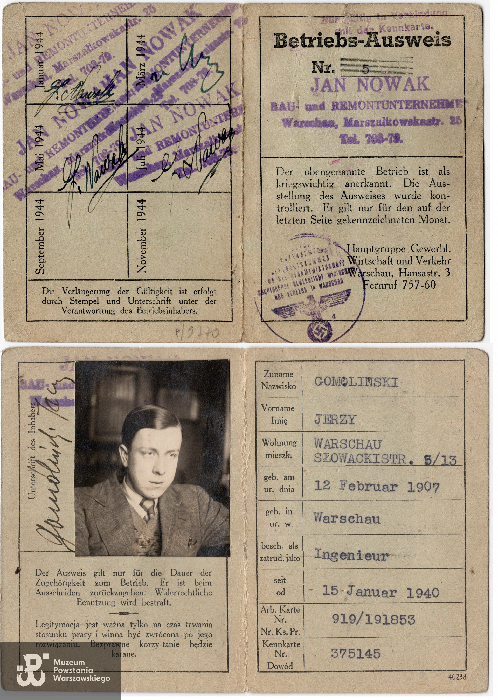 Okupacyjna legitymacja pracownika (Betriebs-Ausweis) Jerzego Gomólińskiego, zbiory Muzeum Powstania Warszawskiego nr akc. P/9770