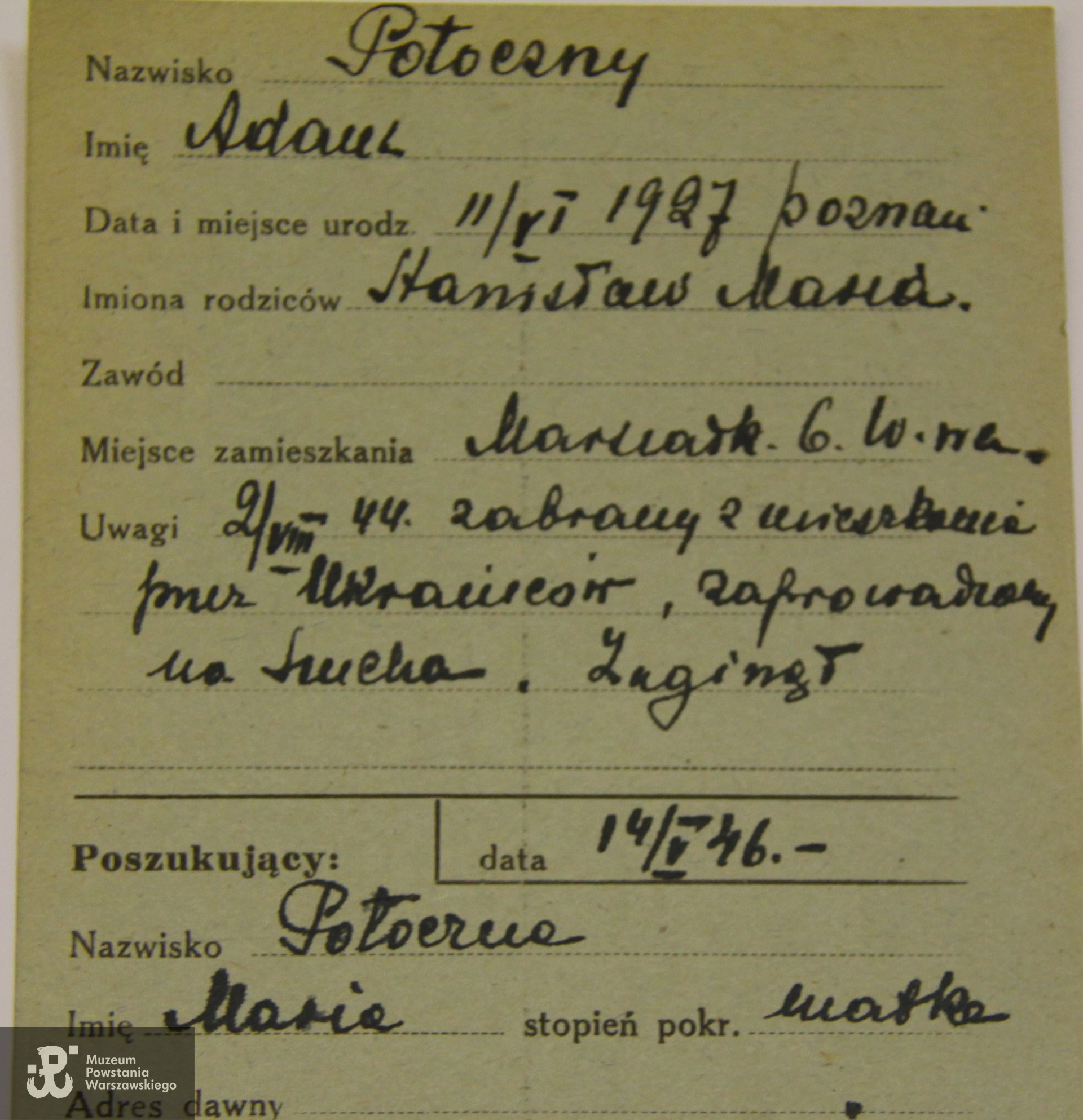 Karta z poszukiwań syna Adama przez matkę Marię, ze zbiorów Krajowego Biura Informacji i Poszukiwań PCK