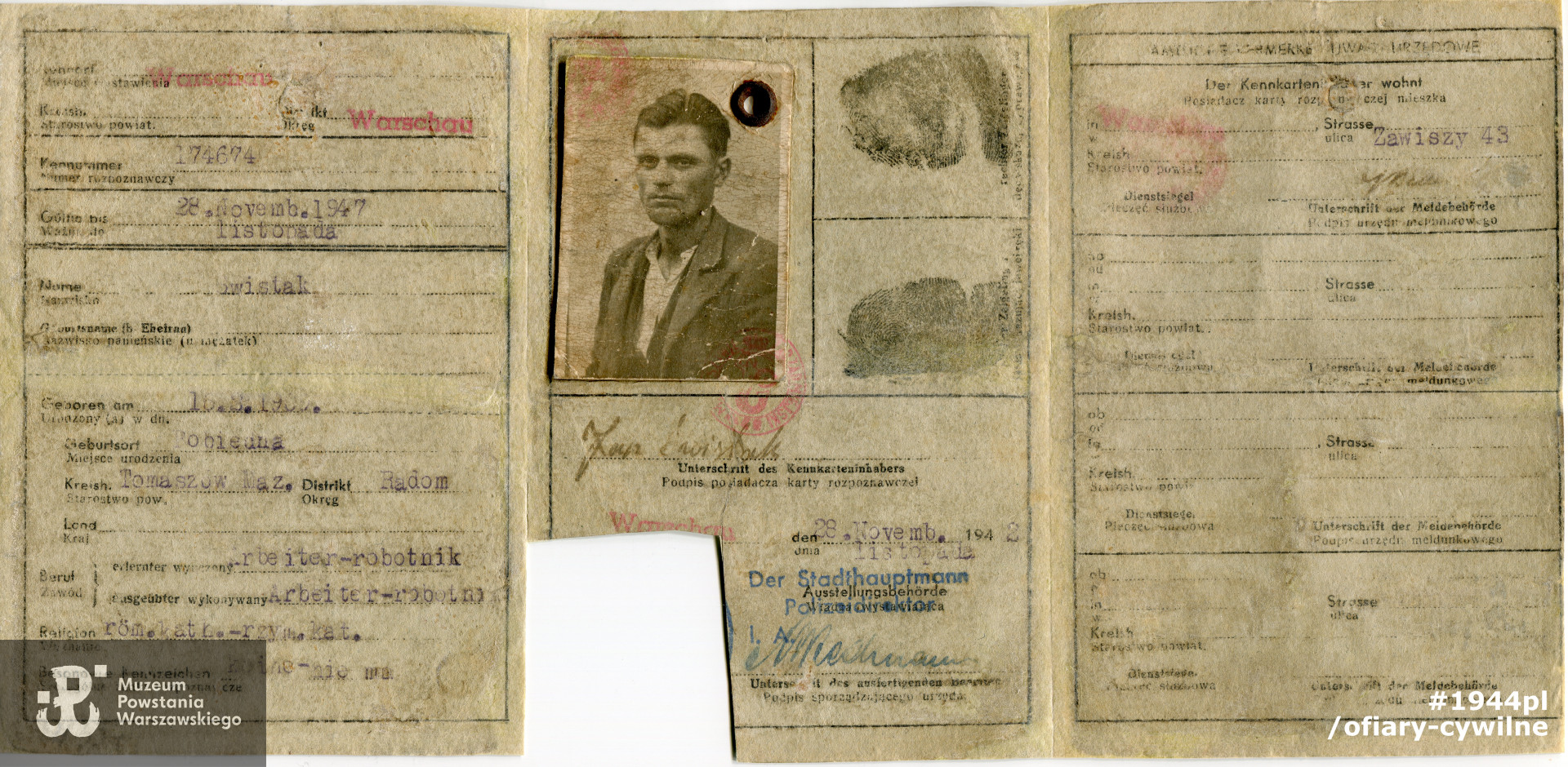 Okupacyjna kenkarta należąca do Jana Świstaka, ze zbiorów Muzeum Powstania Warszawskiego  syg. MPW-A/3279 (P/3751)