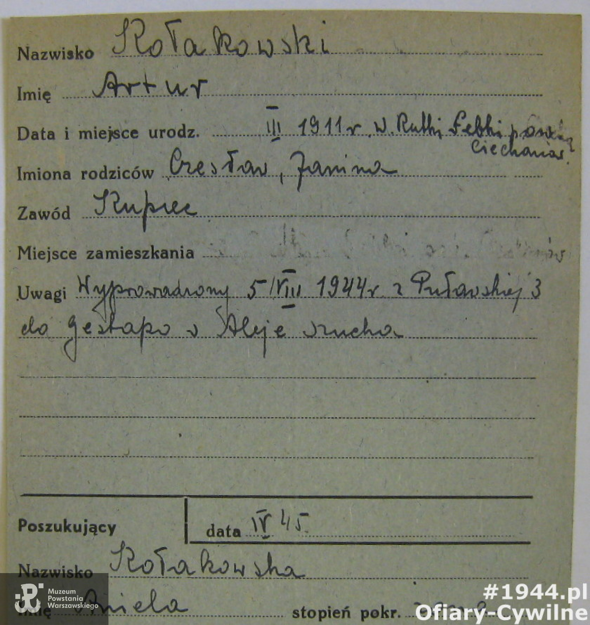 Karta z poszukiwań Artura Kołakowskiego przez żonę Aniele, ze zbiorów Krajowego Biura Informacji i Poszukiwań PCK