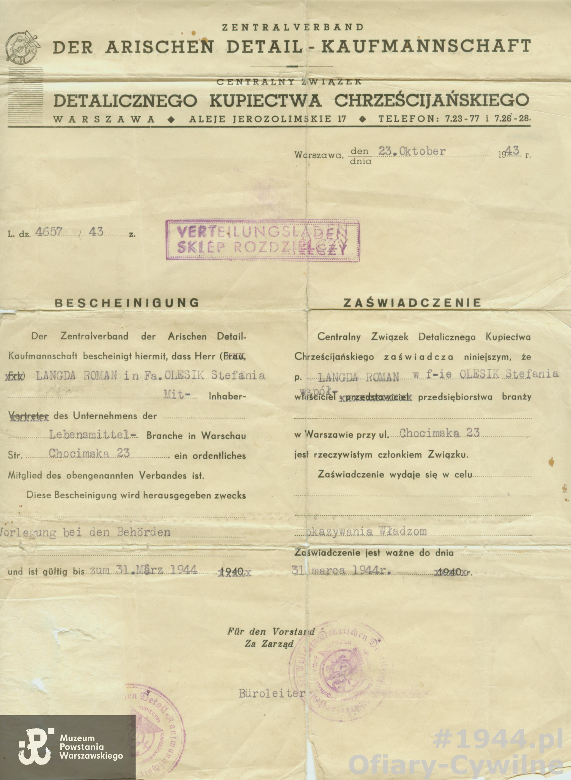 Zaświadczenie pracy, udostępnione przez syna p. Eugeniusza Langda