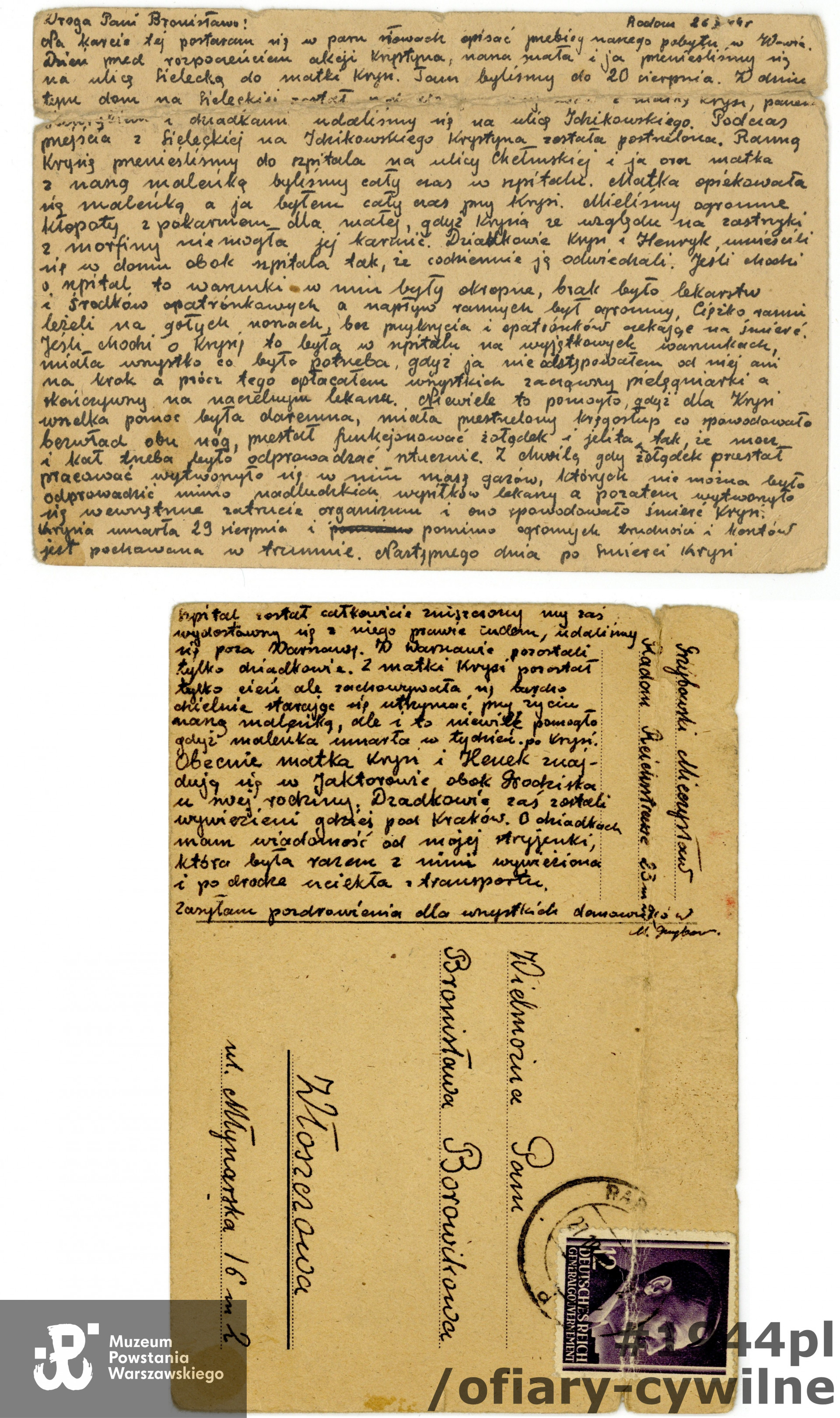 List napisany przez męża Mieczysława dotyczący okoliczności śmierci żony Krystyny wysłany 24.10.1944 r. z Radomia do Pani Bronisławy Borowikowej.