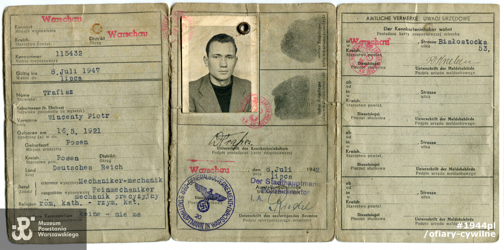 Okupacyjna kenkarta należaca do Wincentego Piotra Trafisza, zbiory Muzeum Powstania Warszawskiego nr akcesji 
P/5793 dar syna Andrzeja Ryszarda Trafisza