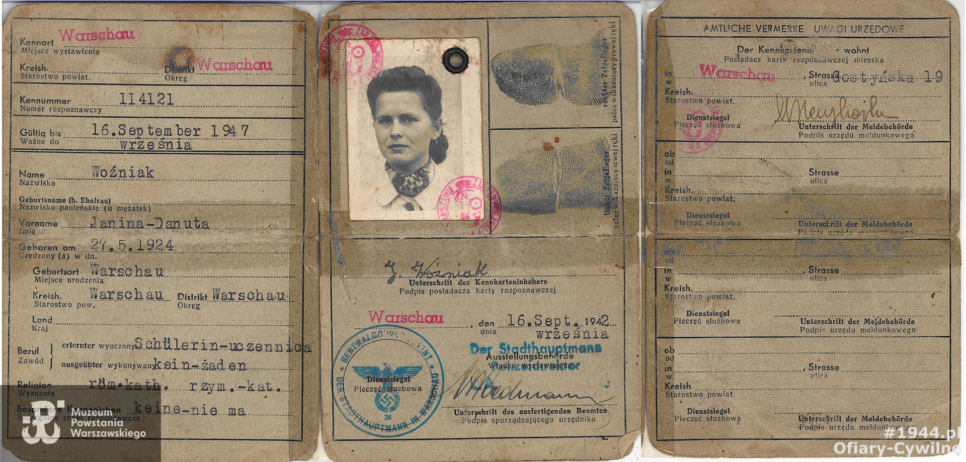 Kenkarta Janiny Danuty Nowińskiej tu jeszcze pod panieńskim nazwiskiem Woźniak, udostępniona przez p. Izabellę Grotowicz