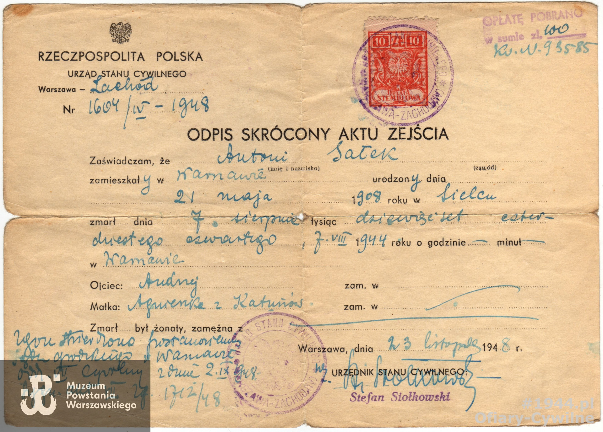 Odpis skrócony aktu zejścia Antoniego Sałka, wydanie na podstawie postanowienia sądu grodzkiego w Warszawie z dnia 2 września 1948 r., udostępniony przez p. Norberta Sałka