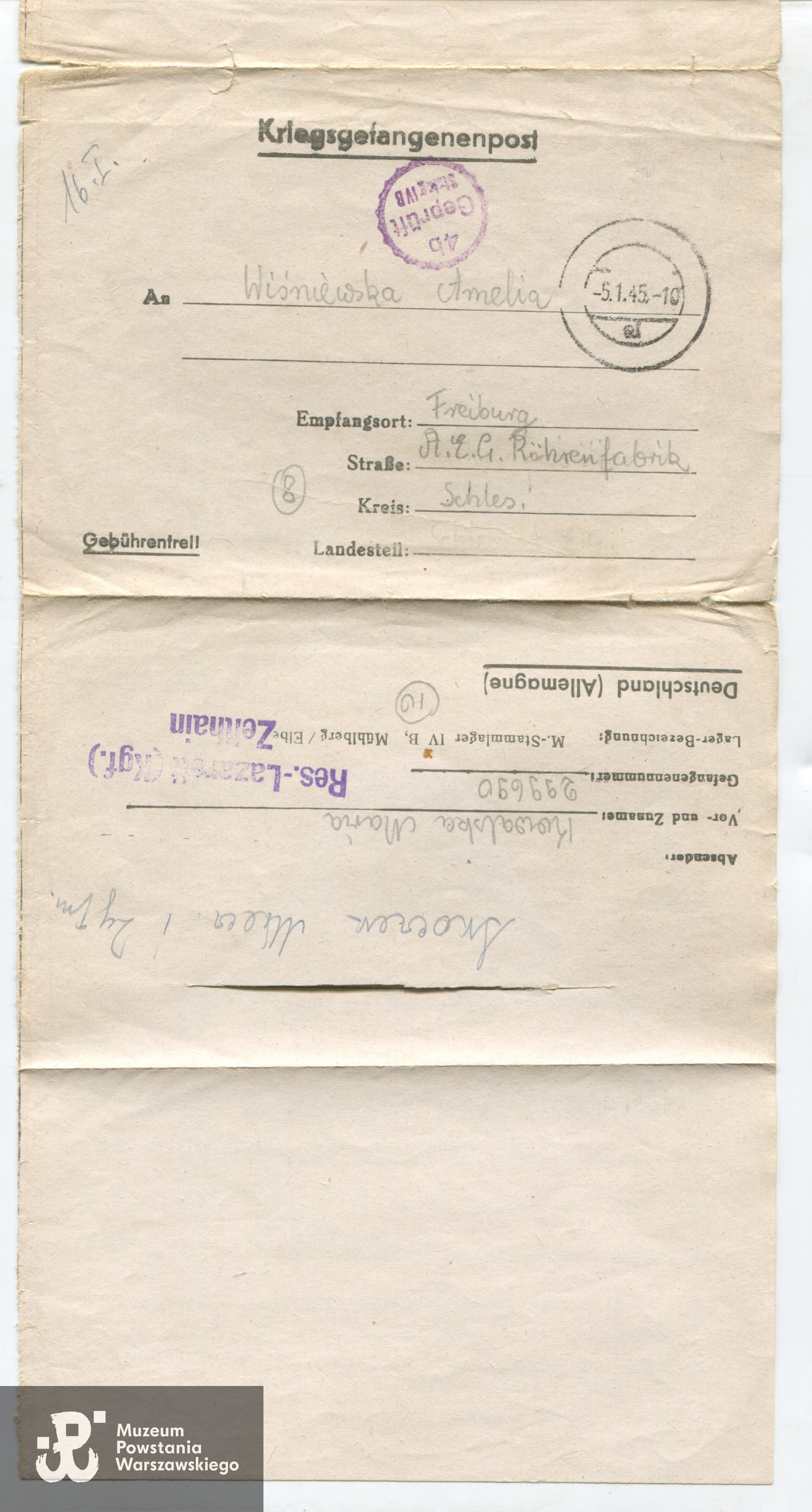 List napisany przez córkę Marię przebywającą po powstaniu w niewoli w Stalagu IV-B/H Zeithain do ciotki Amelii w którym zapytuje o informacje o swojej matce. (awers), zbiory rodzinne