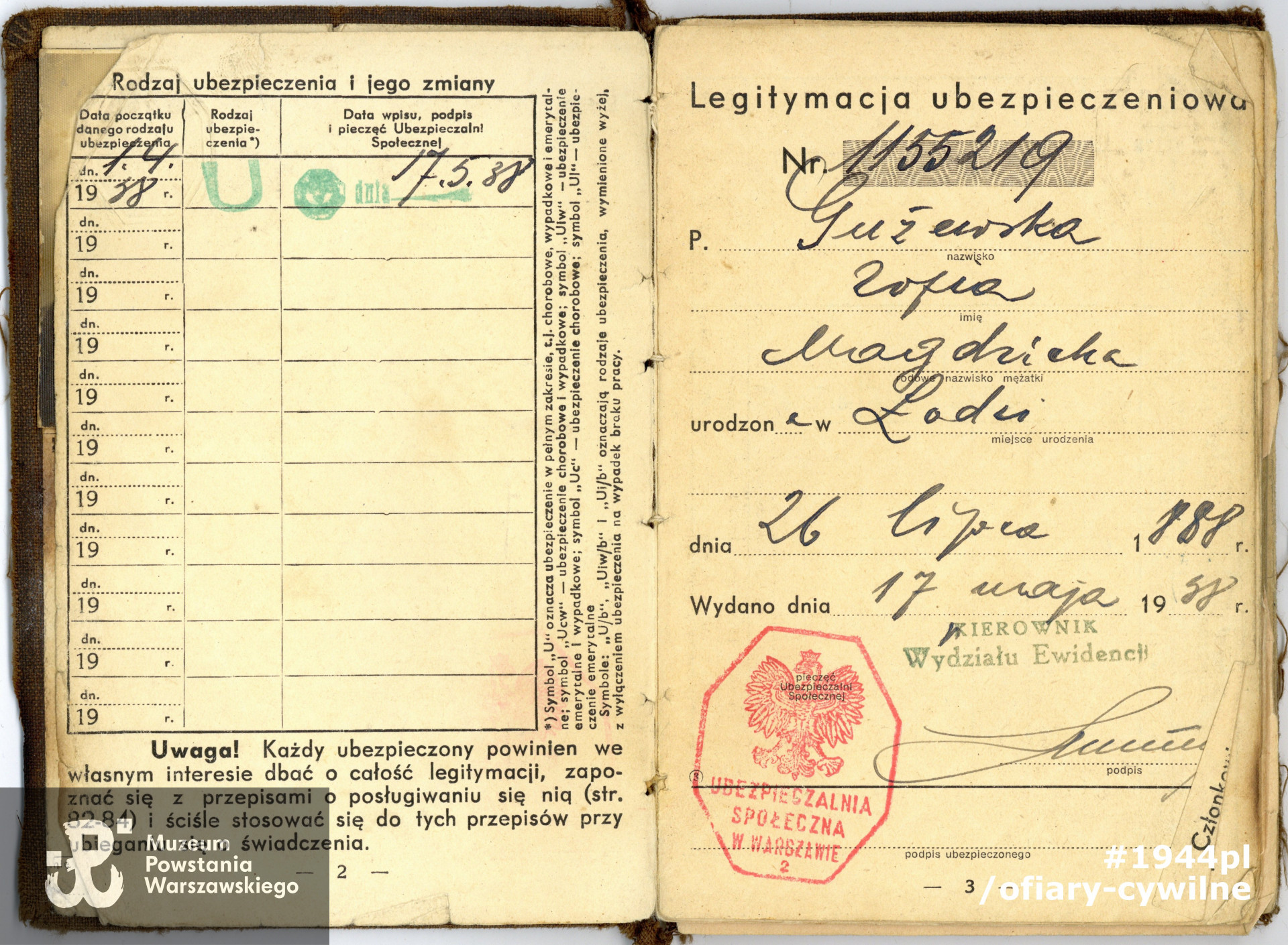 Legitymacja ubezpieczeniowa Zofii Gużewskiej, zbiory rodzinne