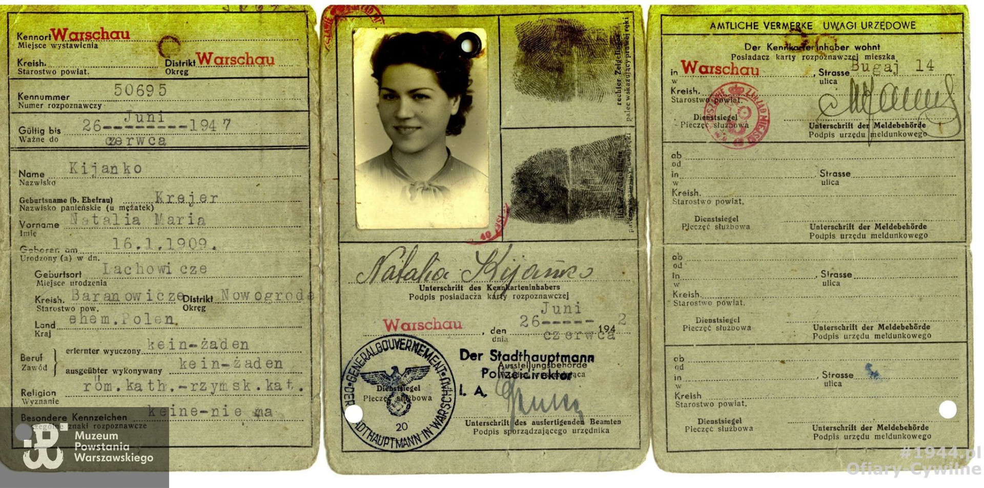 Okupacyjna kenkarta Natalii Kijanko, udostępniona przez wnuka pana Macieja Nowak-Kreyera