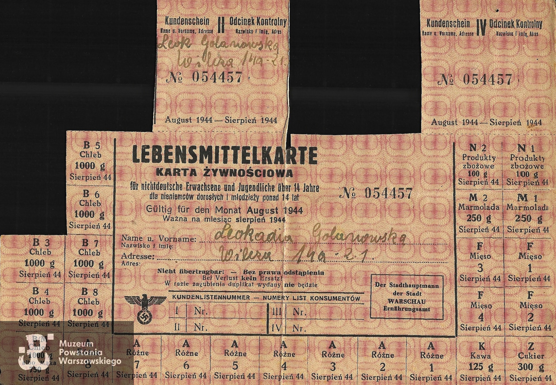 Kartka żywnościowa wydana dla Leokadii Golanowskiej na sierpień 1944 r., zbiory rodzinne udostępnił Pan Grzegorz Ostrowski