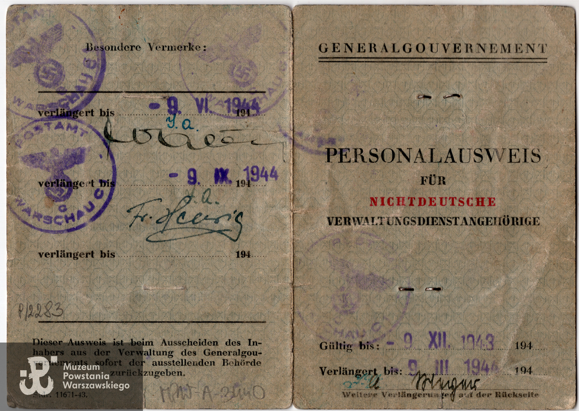 Okupacyjny auswais Zdzisława Ponichtery (awers), zbiory Muzeum Powstania Warszawskiego, syg. MPW-A-3440