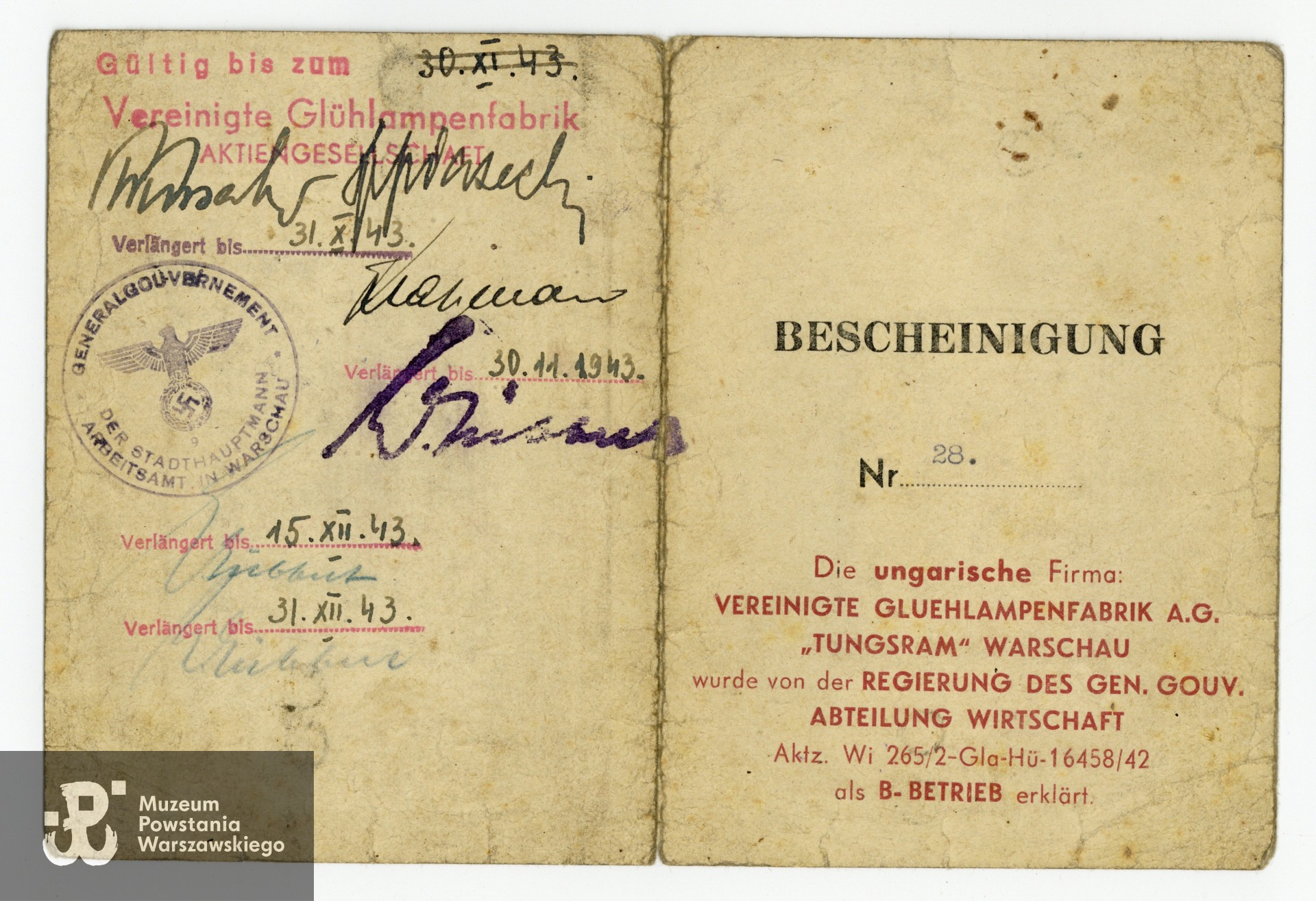 Zaświadczenie o zatrudnieniu, wystawione dla Jana Zydorka (awers), zbiory Muzeum Powstania Warszawskiego, syg. MPW-A/12189