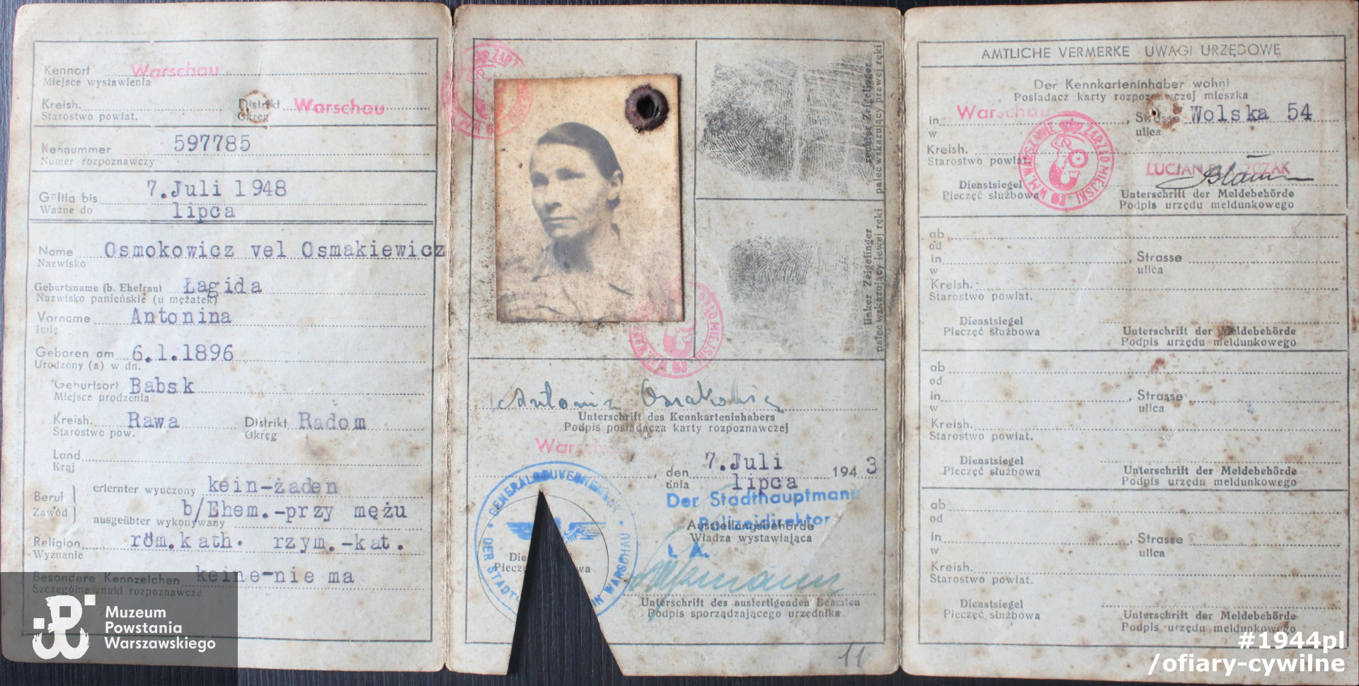 Okupacyjna kenkarta Antoniny Osmokowicz vel Osmakiewicz udostępniona przez panią Iwonę Kakiet-Kupińską