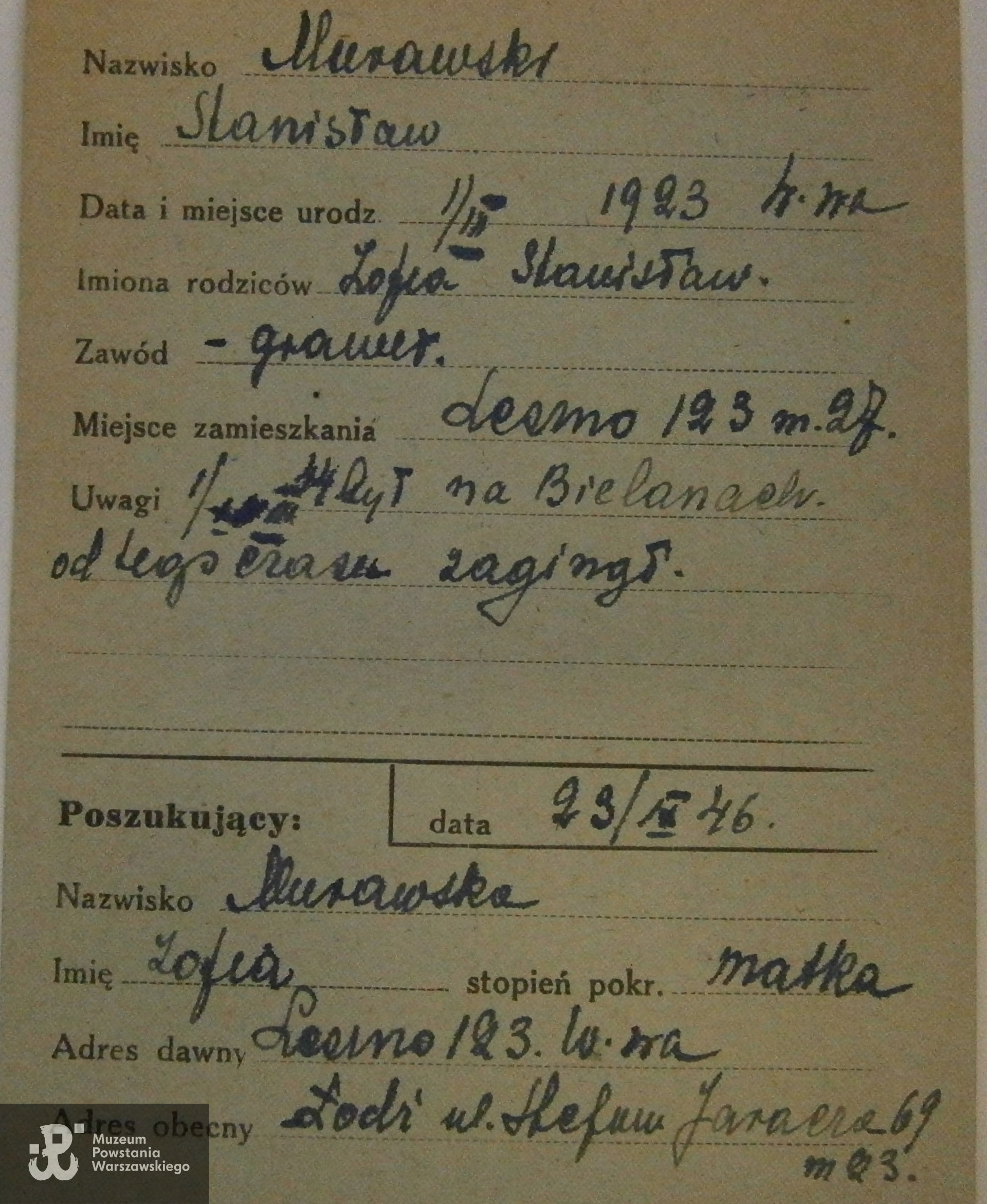 Karta z poszukiwań Stanisława przez matkę Zofię, ze zbiorów Krajowego Biura Informacji i Poszukiwań PCK