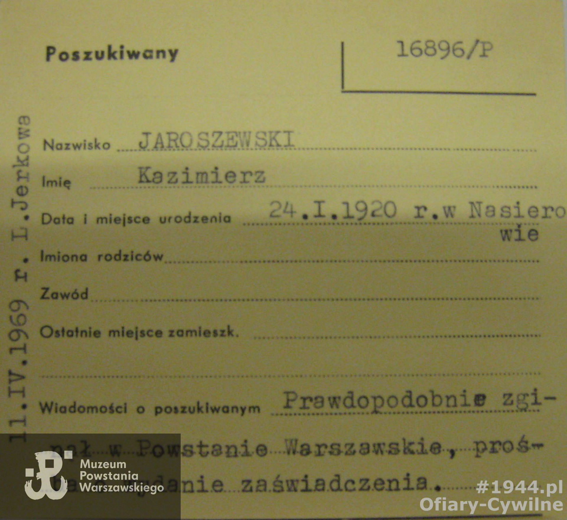 Karta z poszukiwań Kazimierza za pośrednictwem Polskiego Czerwonego Krzyża, ze zbiorów Krajowego Biura Informacji i Poszukiwań PCK