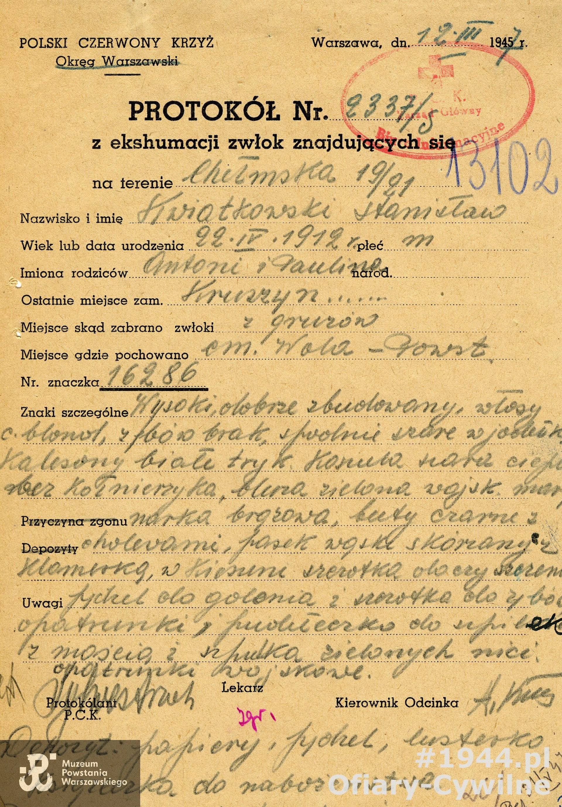 Protokół z ekshumacji Stanisława Kwiatkowskiego z Chełmskiej 19/21 z pod gruzów na Cmentarz Powstańców Warszawy, ze zbiorów Krajowego Biura Informacji i Poszukiwań PCK